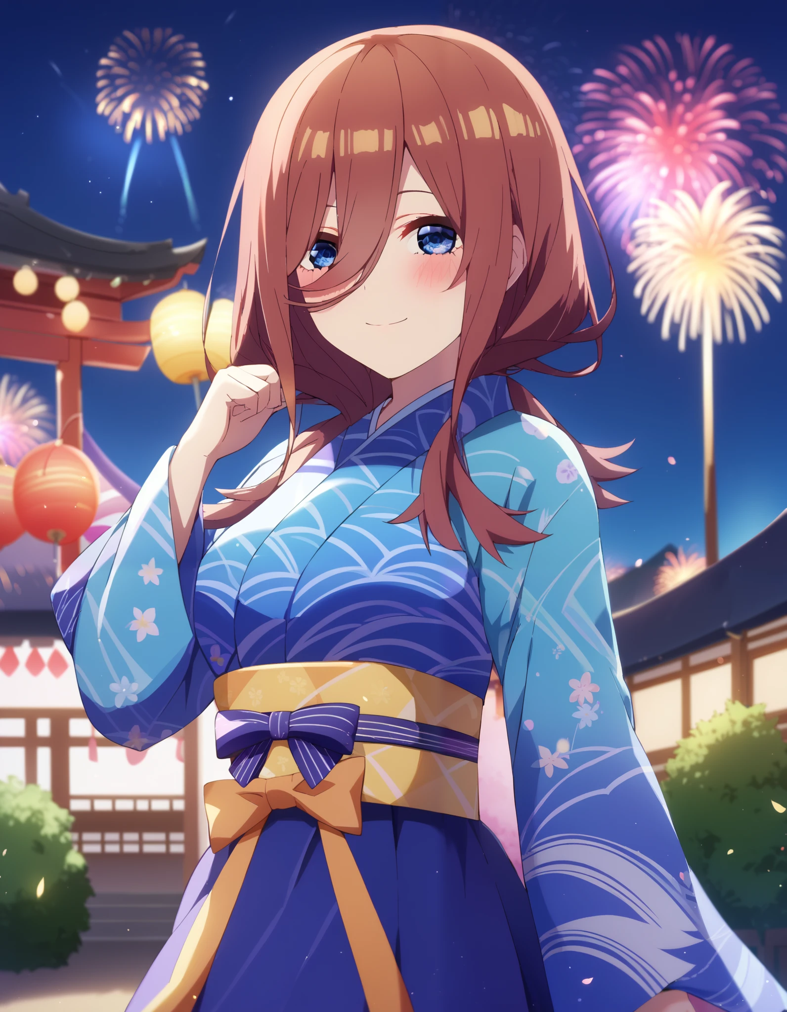 Nakano Future, long hair, bangs, blue eyes, brown hair, long hair, bangs, blue eyes, brown hair, hair between eyes ,smile,blush, legs ,Blue flower pattern kimono, side lock , long skirt ,日本のfestival,夏festivalの屋台, red lanterns,Fireworks in the night sky, fireworks,The location is the fireworks festival.,The time is night, standing,whole bodyが illustration に入るように,
break outdoors, festival,
break looking at viewer, whole body、
break ( Masterpiece:1.2), top quality, high resolution, unity 8k wallpaper, ( illustration :0.8), ( beautiful detailed eyes:1.6), highly detailed faces at a pachinko parlor, perfect lighting, Highly Detailed CG, ( perfect hand, perfect anatomy ),