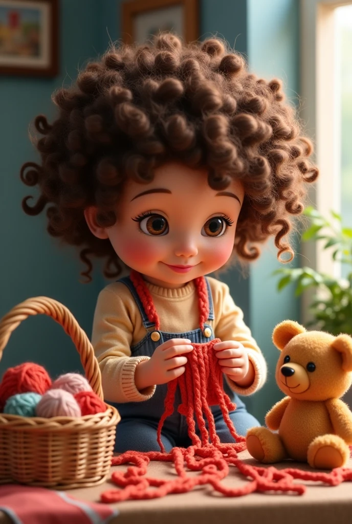 Diney Pixar style poster medium curly haired girl smiling and holding a crochet teddy bear