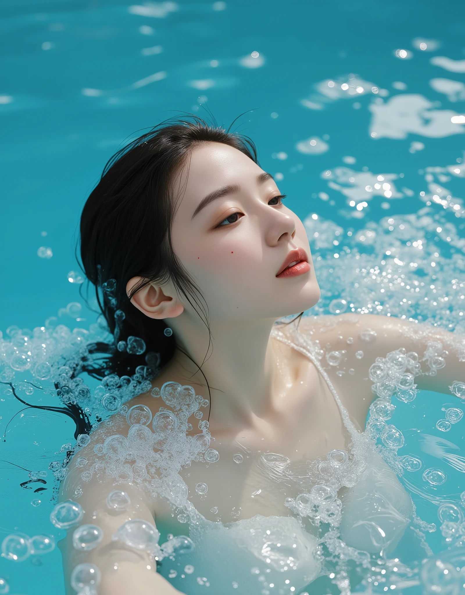 "HD, award-winning photo, a stunning 22-year-old Japanese cute  woman submerged in a crystal-clear pool, surrounded by countless floating bubbles. Her wet hair flows freely in the water, and her glistening skin reflects the soft, ambient light. The bubbles create a mystical, dreamlike atmosphere, gently rising and swirling around her face. She gazes peacefully with deep, captivating eyes, her expression serene and enigmatic. The surrounding water is a rich, vibrant blue, illuminated by ethereal sunlight filtering from above, casting mesmerizing light patterns. Ultra-detailed, hyper-realistic, cinematic lighting, 4K resolution."