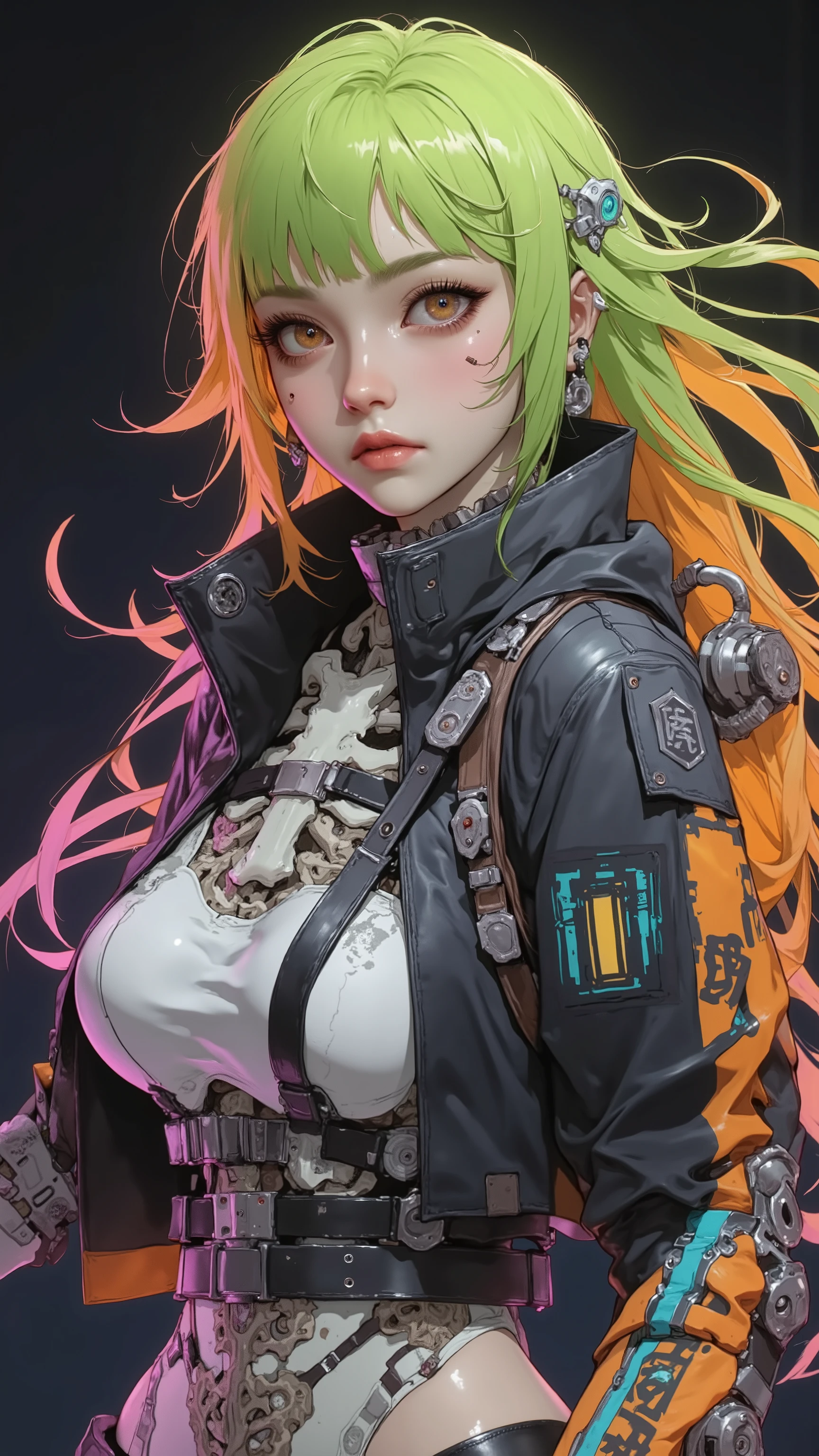 arafed woman with green hair and a skeleton outfit posing for a picture, cyberpunk anime girl, female cyberpunk anime girl, digital cyberpunk anime art, cyberpunk anime girl in hoodie, anime cyberpunk art, digital cyberpunk - anime art, cyberpunk beautiful girl, cyberpunk vibrant colors, dreamy cyberpunk girl, cyberpunk art style, cyberpunk anime art, cyberpunk horror style