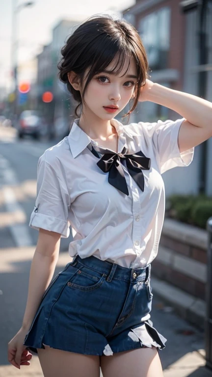 (RAW photogr:1.2), (Photorealistic:1.4), 1girll, 18 years old,adolable,a baby face,The most beautiful girl,Goose egg face,Oval face,Fleshy on the face,Good facial features,Sweet smiling,The smile and the eyes are charming and attractive,Beautiful Meticulous Girl, very detailed eyes and faces, Beautiful detailed eyes, ultra - detailed, A high resolution, The is very detailed,best qualtiy,tmasterpiece,illustratio,The is very detailed,CG,unified,8K wallpapers,finely detailled,tmasterpiece,best qualtiy, Wallpapers,light in face,Movie lighting,nipple tops:White short-sleeved embroidered lace T-shirt,Breathable and lightweight,Add feminine femininity。
Manteau:Light yellow wide-leg cropped blazer,Finished with front buttons,Show youthful vitality。
skirt suit:Dark blue denim A-line skirt,Moderate length,Finished with a pleated design,Showcases vintage charm。
shoe:White flat canvas shoes,Comfortable and versatile,Add a sense of leisure。
Accessories:Brown woven vintage tote,Wear it with a red bow headband,Overall fresh and vintage。,(No leakage),The body is fleshy,(looking to the camera),Black ponytail,hair flowing,Slightly fat 0.8,perfect body figure,Standing position,Medium view,The background is a beautiful view of random different scenes。