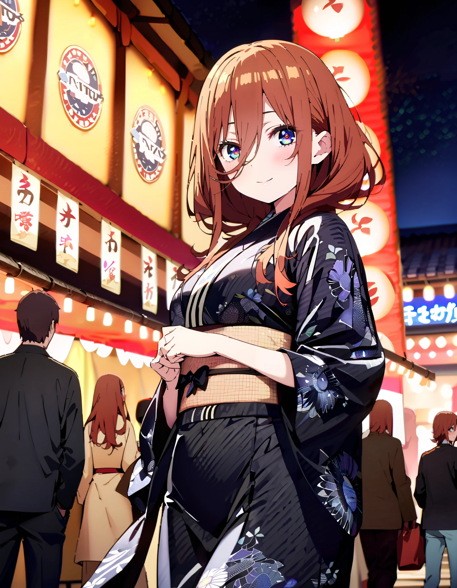 Nakano Future,  long hair, bangs,  blue eyes,  brown hair,  long hair, bangs,  blue eyes,  brown hair,  hair between eyes ,smile,blush, legs ,Blue flower pattern kimono, side lock , long skirt ,日本のfestival,夏festivalの屋台, red lanterns,Fireworks in the night sky, fireworks,The time is night, standing,whole bodyが illustration に入るように,
break outdoors, festival,
break looking at viewer, whole body、
break ( Masterpiece:1.2),  top quality,  high resolution, unity 8k wallpaper, ( illustration :0.8), ( beautiful detailed eyes:1.6),  highly detailed faces at a pachinko parlor,  perfect lighting,  Highly Detailed CG, ( perfect hand,  perfect anatomy ),