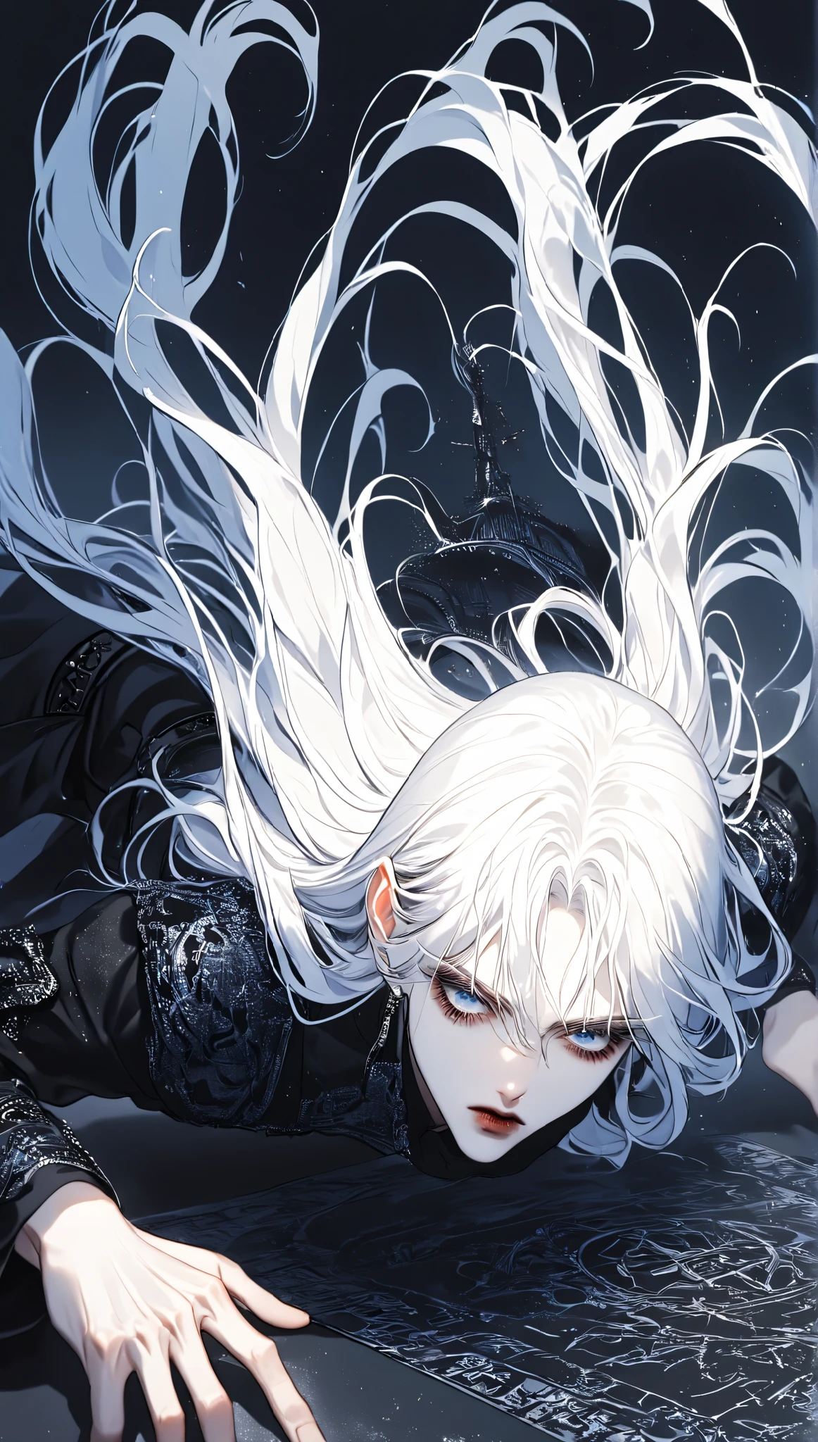 The man with white hair,   pale skin ,  blue eyes, solo,  long hair,  jewelry,  masterpiece,  high quality,  Contemptuous look , Strictness,  Dutch corner, Shine, background defocus, Fluorescence,  ray tracing, illustration, Gothic, dark magician, The Magic Tower,  black magic ,  spell map ,  White hair, dynamic pose,  view from above,  side view