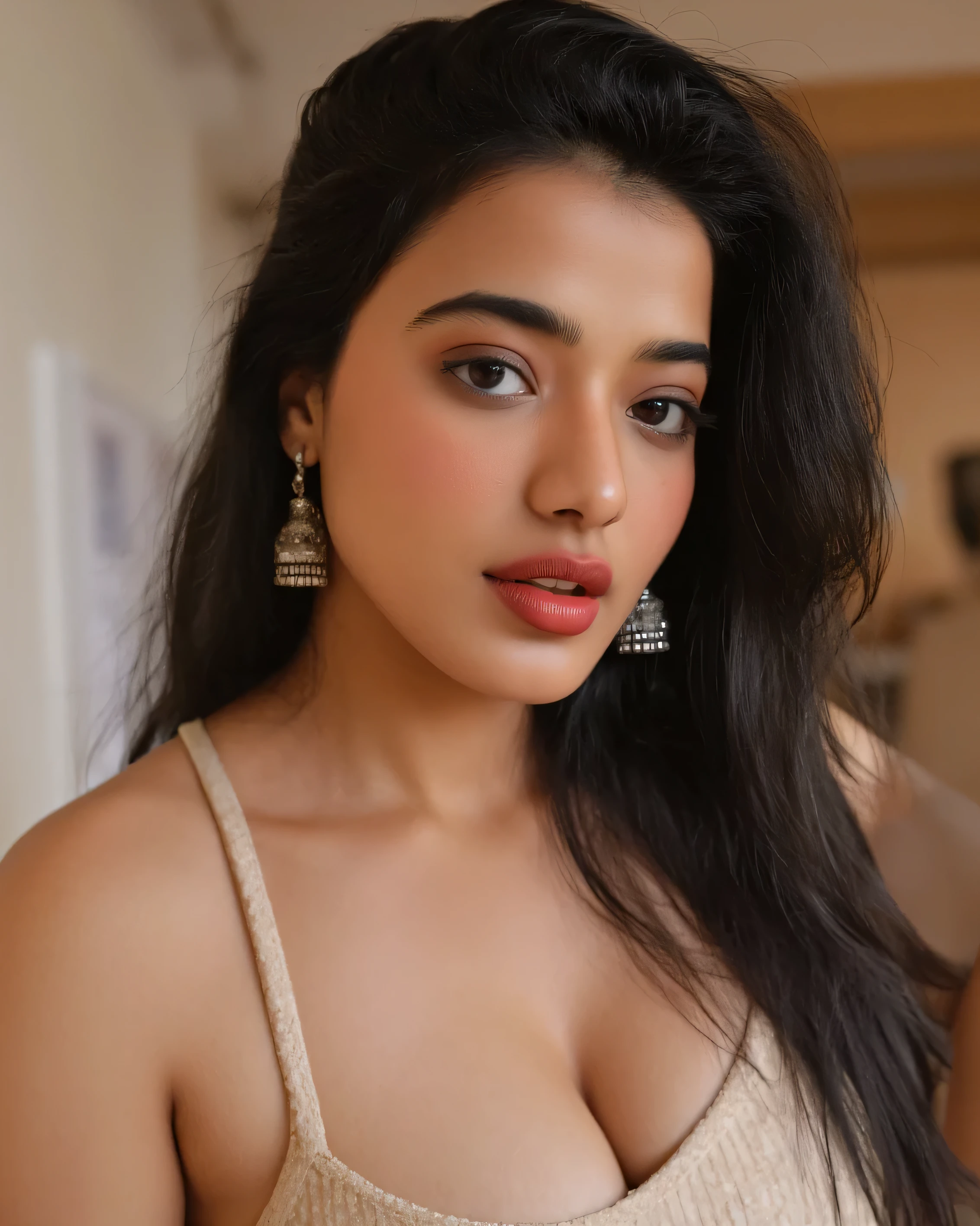 photo of indian girl having seductive facial expression and cleavage and look wide angle photo