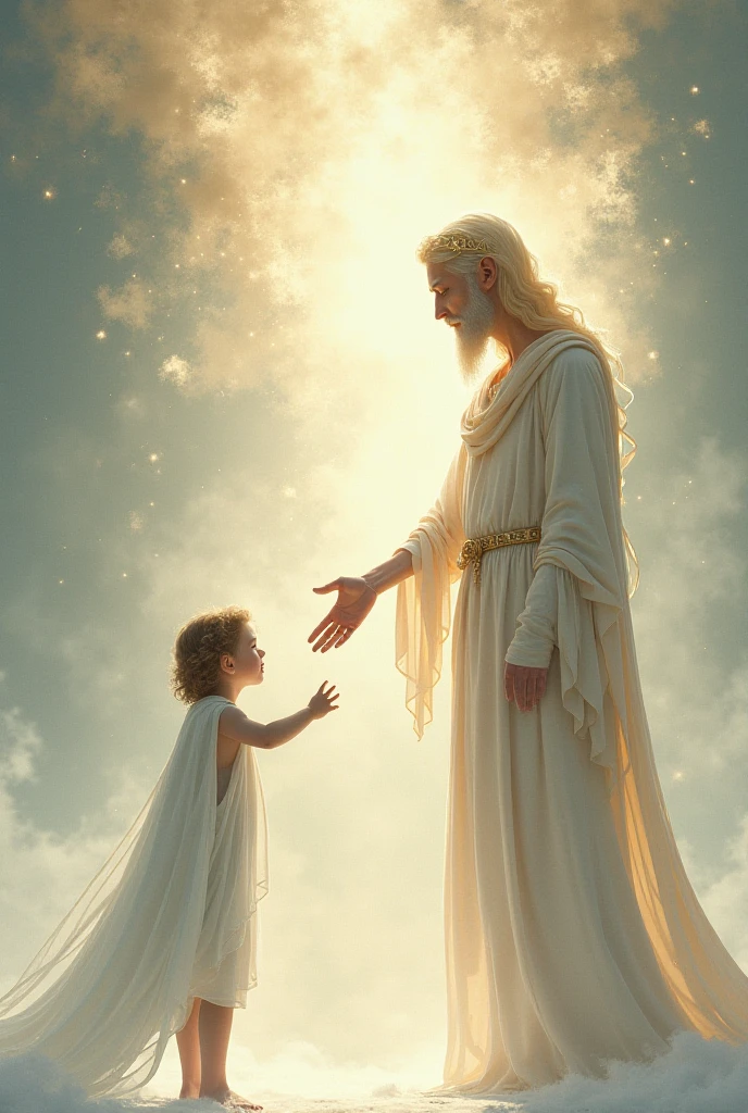 16k, 32k, UHD, masterpiece, best quality, upper body, God, who is super vast and gigantic, wearing white and shimmery gold robe, long white hair, white beard, holding a clay made 2 Adam in his hand. God is super Gigantic and Adam is as mall as God's little finger. Only Adam is in God's hand.