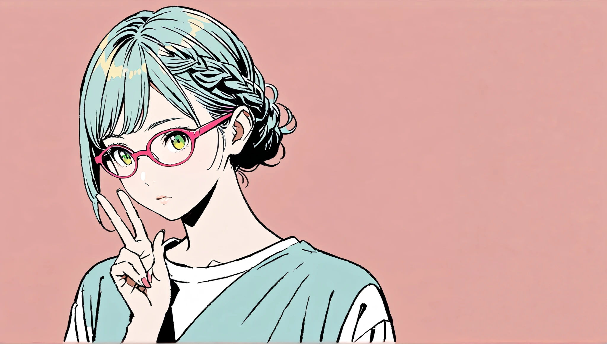 (( hand sign)),(Pop Color)),Glasses、 Hair、masterpiece, ((( hand sign)),((( expressionless )))、Highest quality, Beautiful attention to detail, Very detailed, In detail, High resolution, Perfect Anatomy, , , girl, (one person:1.5), alone, ( braid hairstyle),黒縁Glasses、 ( white shirt ), (( simple solid color background))), Background, (City Pop anime), Kyoto Animation, ,anime, Front view、