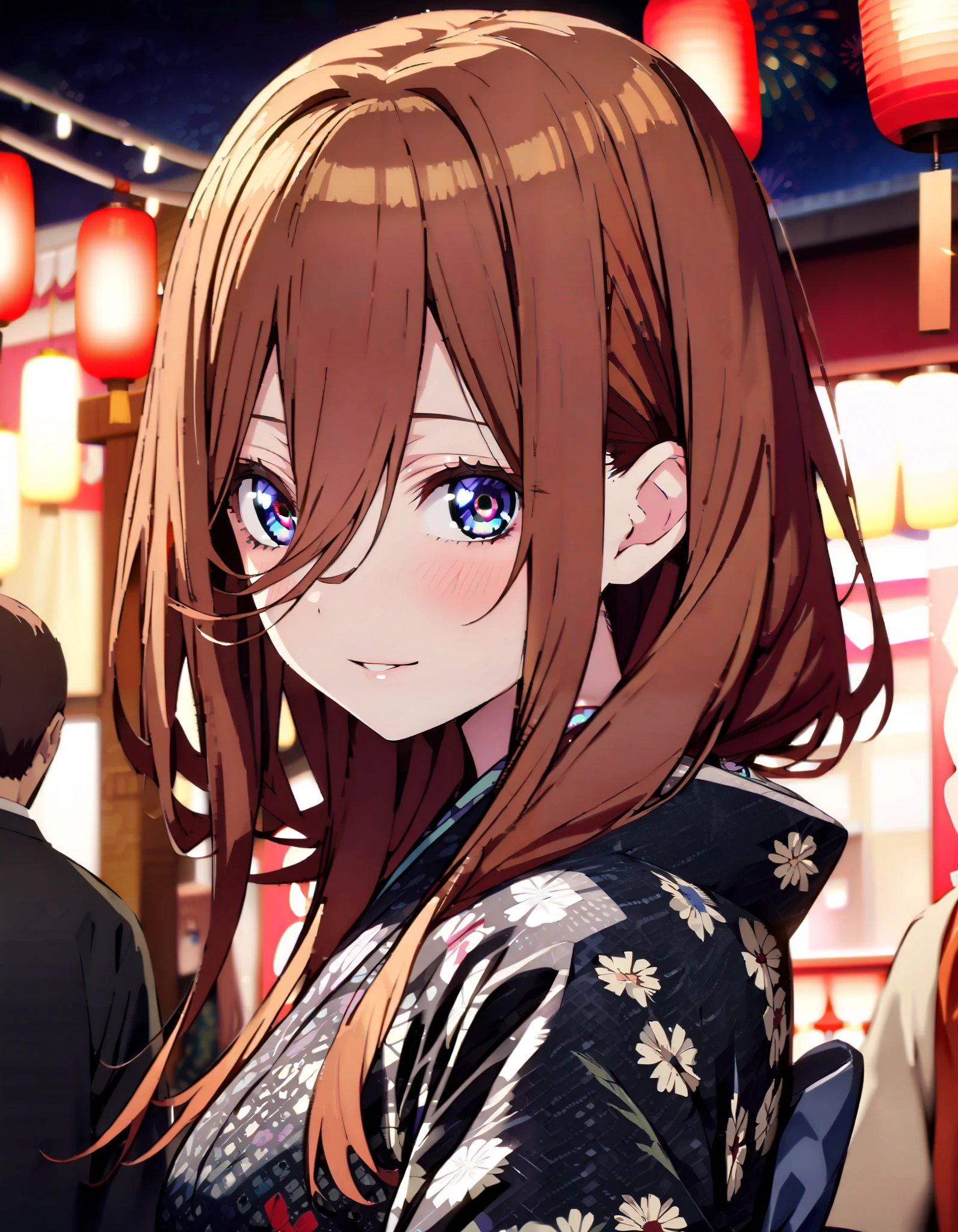 Nakano Future, Alone, long hair, bangs, blue eyes, brown hair, long hair, bangs, blue eyes, brown hair, hair between eyes ,smile,blush, legs ,Blue flower pattern kimono, side lock , long skirt ,日本のfestival,夏festivalの屋台, red lanterns,Fireworks in the night sky, fireworks,The time is night, standing,whole bodyが illustration に入るように,
break outdoors, festival,
break looking at viewer, whole body、
break ( Masterpiece:1.2), top quality, high resolution, unity 8k wallpaper, ( illustration :0.8), ( beautiful detailed eyes:1.6), highly detailed faces at a pachinko parlor, perfect lighting, Highly Detailed CG, ( perfect hand, perfect anatomy ),