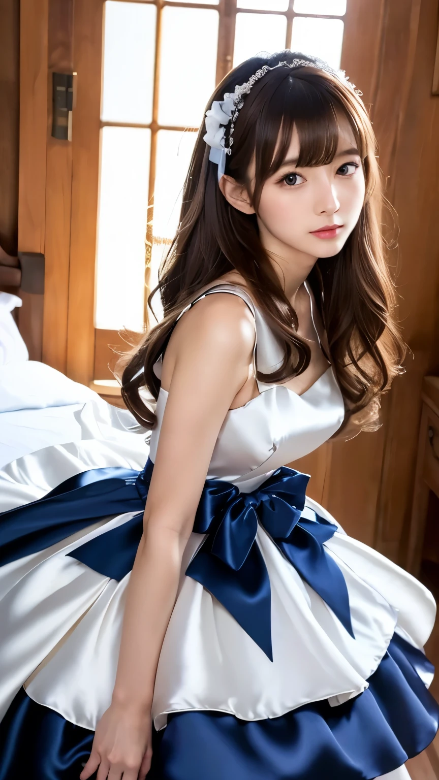 Arafed asian woman in a white and blue dress posing for a picture ...