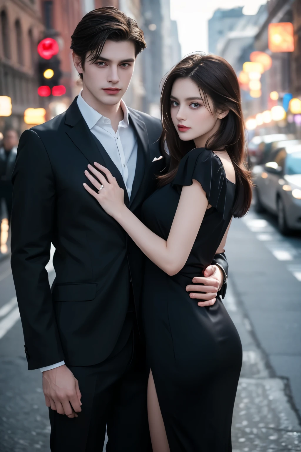 Modern. Russian couple. Dress neatly. Casual wear, masculie man and beautiful girl. Taller man. Dark hair color. Very detailed face. pretty eyes (perfect eyes). 8K resolution. Masterpiece. Romantic. Happy. Color contrast. Blurry background.