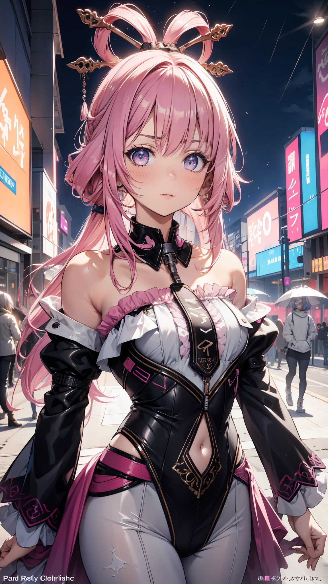 portrait, 1 Girl, pretty face , asymmetrical hair, Colorful hair, sash,pure white bodysuit , Cover your mouth, cover navel , separated sleeve , pink hair,grey eyes , hip vent , Slit Jacket, charming, watching the audience, Night City, neon , rain,