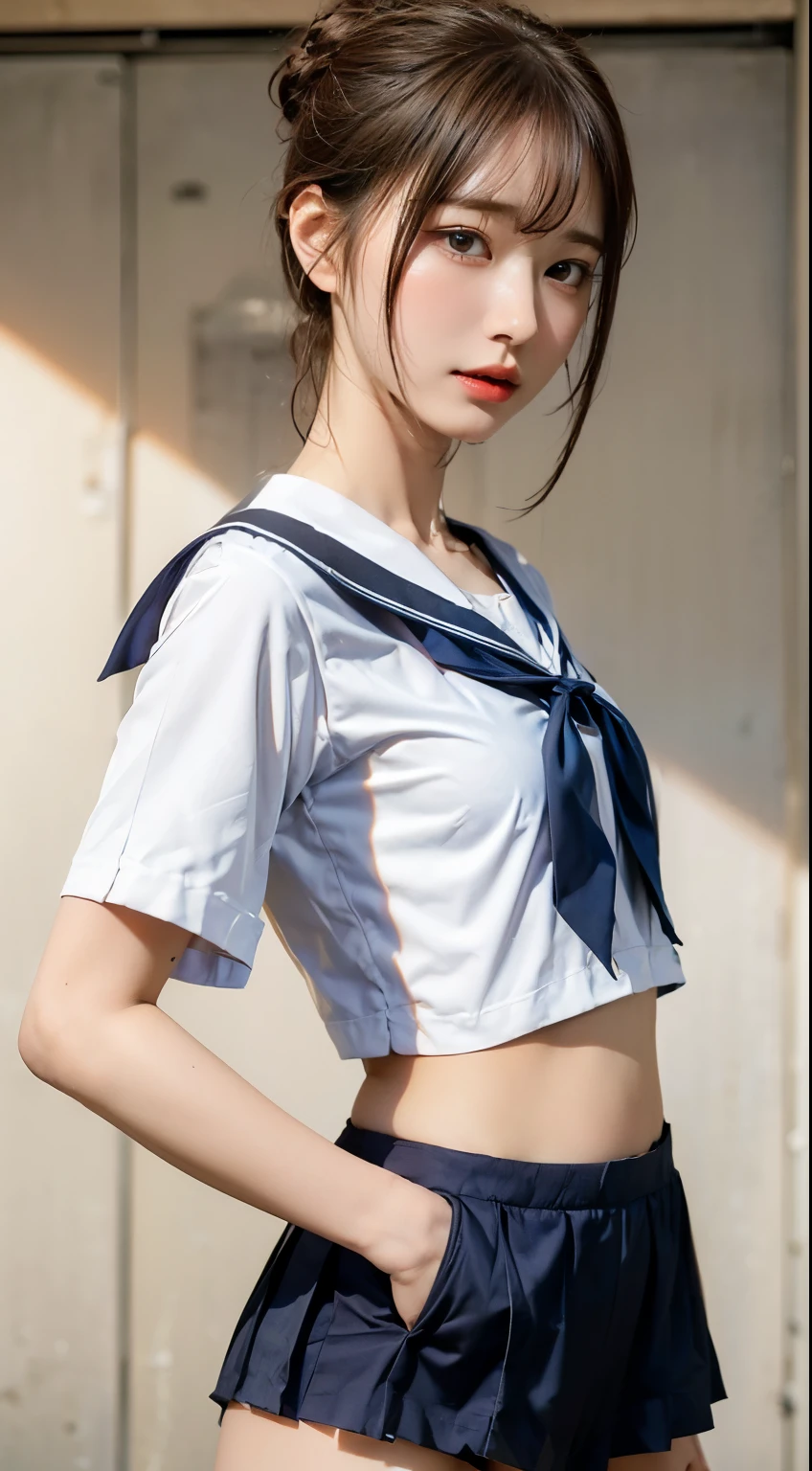 Sailor Chibimoon Costume、embarrassing、turn around、full of sweat、sweating、full of sweat、muscle in crotch、eyes from below、small breasts、small body、flat chest,show underwear、Gesture to seduce by showing breasts