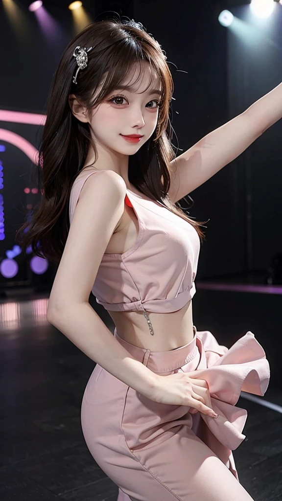 "Glamorous Japanese pop idol, 20 years old, height 159cm, youthful curvy figure
 (86-58-87 cm), perky D-cup breasts, tiny 58cm waist, shapely 87cm hips, toned
 dancer's legs, flawless porcelain skin (RGB: 255, 236, 214), cute heart-shaped face,
 large sparkling eyes (light brown, RGB: 105, 68, 36) with double eyelids, small cute
 nose, full lips with glossy pink lipstick (RGB: 255, 138, 174) in a bright smile, long
 hair dyed pastel pink (RGB: 255, 209, 220) with blonde highlights, styled in high
 pigtails with bangs, dramatic stage makeup with glitter eyeshadow and rhinestones,
 wearing a glittery crop top in silver and pink revealing midriff, matching ultra-short
 skirt accentuating hips, thigh-high white boots with platform heels, multiple cute
 accessories like star-shaped earrings and heart choker, energetic dance pose with
 one hand up and hip popped, on a massive concert stage with LED screens
 displaying geometric patterns, laser lights in various colors, fog machines creating
 atmosphere, dynamic performance photography capturing movement and energy,
 shot with Panasonic Lumix S1H mirrorless camera, 24-70mm f/2.8 lens at 50mm,
 ISO 6400, 1/500 sec, 24MP resolution in 6K video mode, focus on facial expression
 and dynamic pose--ar 16:9--q 2--s 700--v 6.0--style raw"