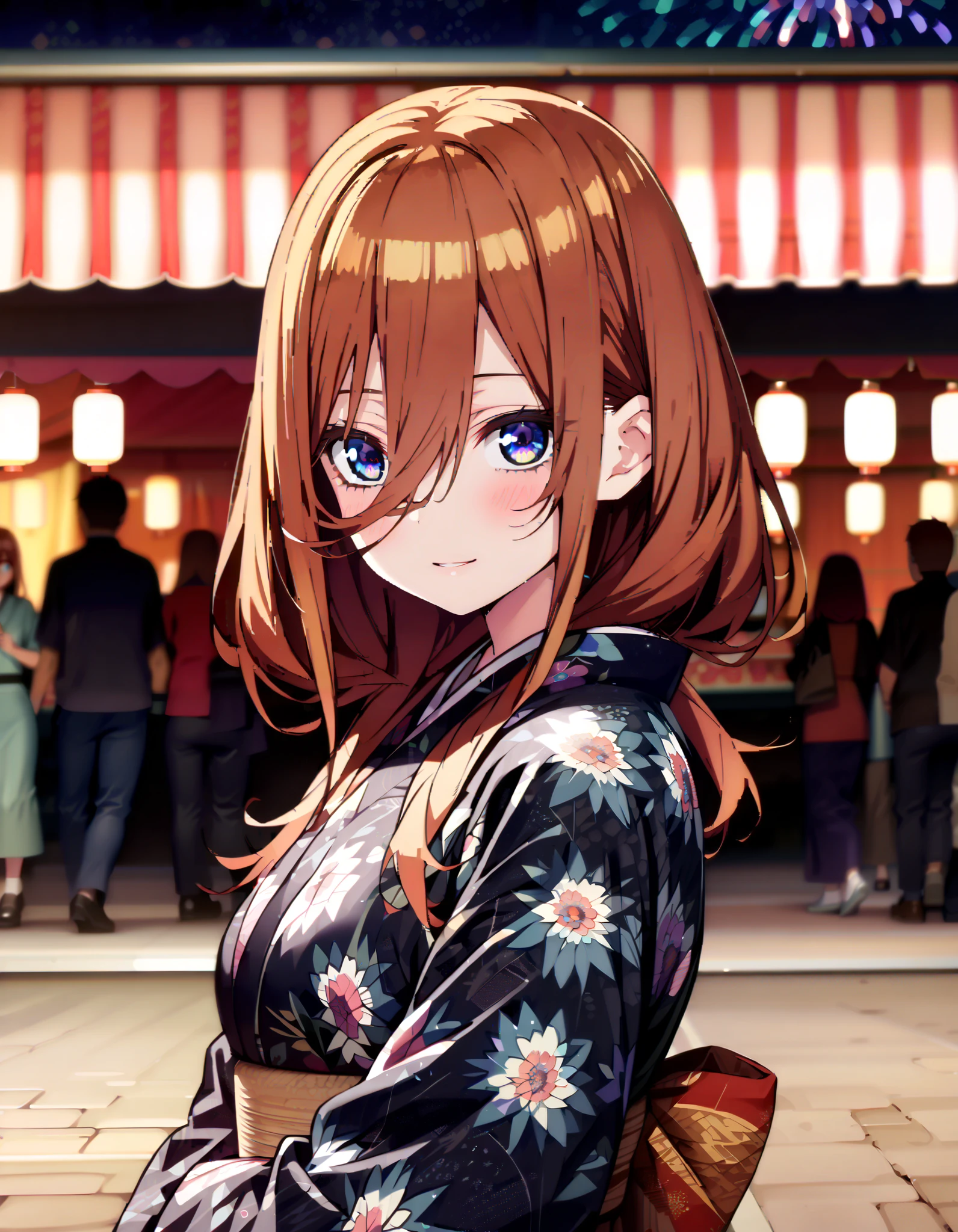 Nakano Future, Alone, long hair, bangs, blue eyes, brown hair, long hair, bangs, blue eyes, brown hair, hair between eyes ,smile,blush, legs ,Blue flower pattern kimono, side lock , long skirt ,日本のfestival,夏festivalの屋台, red lanterns,Fireworks in the night sky, fireworks,The time is night, standing,whole bodyが illustration に入るように,
break outdoors, festival,
break looking at viewer, whole body、
break ( Masterpiece:1.2), top quality, high resolution, unity 8k wallpaper, ( illustration :0.8), ( beautiful detailed eyes:1.6), highly detailed faces at a pachinko parlor, perfect lighting, Highly Detailed CG, ( perfect hand, perfect anatomy ),