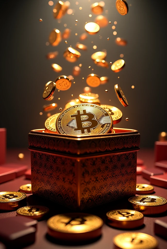 Image of large Bitcoins coming out of present box🎁 with dramatic light ...