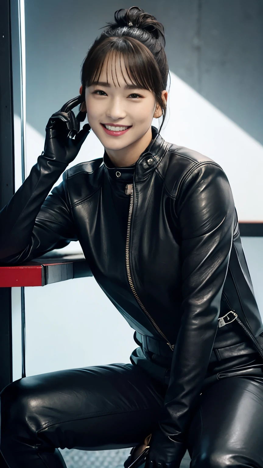 glossy black leather biker jacket, Black leather gloved fingertips on both hands,Wearing black leather gloves,Sitting in a black leather chair、 Japanese female new recruits (Black leather gloves cover both hands) (The angle is horizontal)、Black Leather Pants,Black Leather Black Leather Pants, black leather skinny pants 、very tight fit. Black long leather boots on both feet、 dark brown ponytail ((She wears black leather gloves on her hands))Full Body Photo, full body shot full body full body leather suit ,☺(Long boots plus leather pants boots in :1.4)、Full body shot from head to toe、very tight fit. If you turn in this direction。Wearing black leather gloves,Wearing black leather gloves,Wearing black leather gloves,Wearing black leather gloves,Wearing black leather gloves,Wearing black leather gloves,黒のレザーパンツが美しい😍黒のレザーパンツが美しい😍黒のレザーパンツが美しい,😍こちらを見ながら笑faceで微笑んでる,City lights、(Cyberpunk City Street:1.3))、 detailed lighting、
best image quality that holds your feet、 super high resolution、( realism:1.4)、Korean Beauty Star、The most beautiful KPOP stars、face、Horny Korean Makeup、A body that makes you want to touch it、Realistic leather texture、Costume made of smooth leather fabric、The drape of the curved parts of the leather fabric、The costume is very shiny、Quality of the costume、8K Photo Quality、(shy Smile:1.4)
