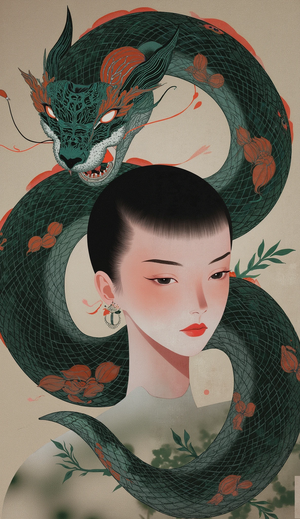 A beautifully detailed Mythological Ancient Chinese Mythological Legend of Nuwa, she is the body of a snake, body with intricate beautiful snake scales, slender eyes, flowing hair, glowing eyes, detailed face, snake coming to life, vintage colors, elegant and graceful poses, mysterious and divine presence, 8K, high resolution, super detailed, dramatic lighting, vibrant colors, fantasy art, conceptual art, digital painting, highly detailed.