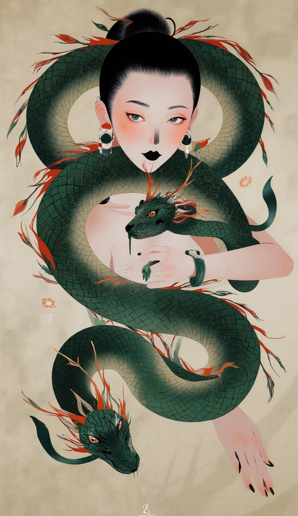 A beautifully detailed Mythological Ancient Chinese Mythological Legend of Nuwa, she is the body of a snake, body with intricate beautiful snake scales, slender eyes, flowing hair, glowing eyes, detailed face, snake coming to life, vintage colors, elegant and graceful poses, mysterious and divine presence, 8K, high resolution, super detailed, dramatic lighting, vibrant colors, fantasy art, conceptual art, digital painting, highly detailed.
