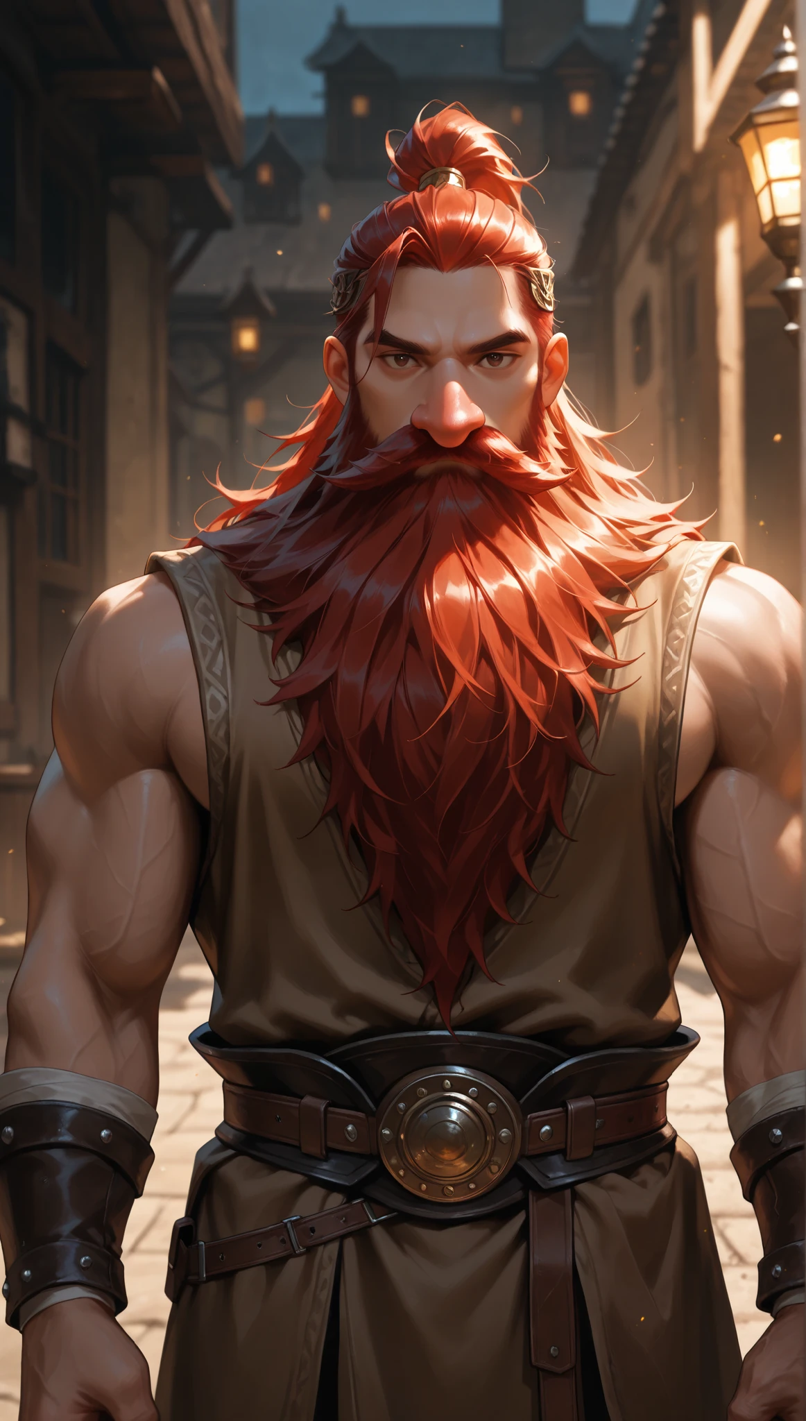 very aesthetic, 걸작, 고해상도, 8k 해상도, 매우 상세한, best_quality, finely_detailed_eyes_and_detailed_face, 1 dwarf 남성, fantasy, red_hair, red beard, masculine, darkbrown_eyes, looking at viewer, (outdoor),straight-on, front_view, cowboy_shot, cinematic_lighting, (muscular), (short_height:1.4), (big nose)