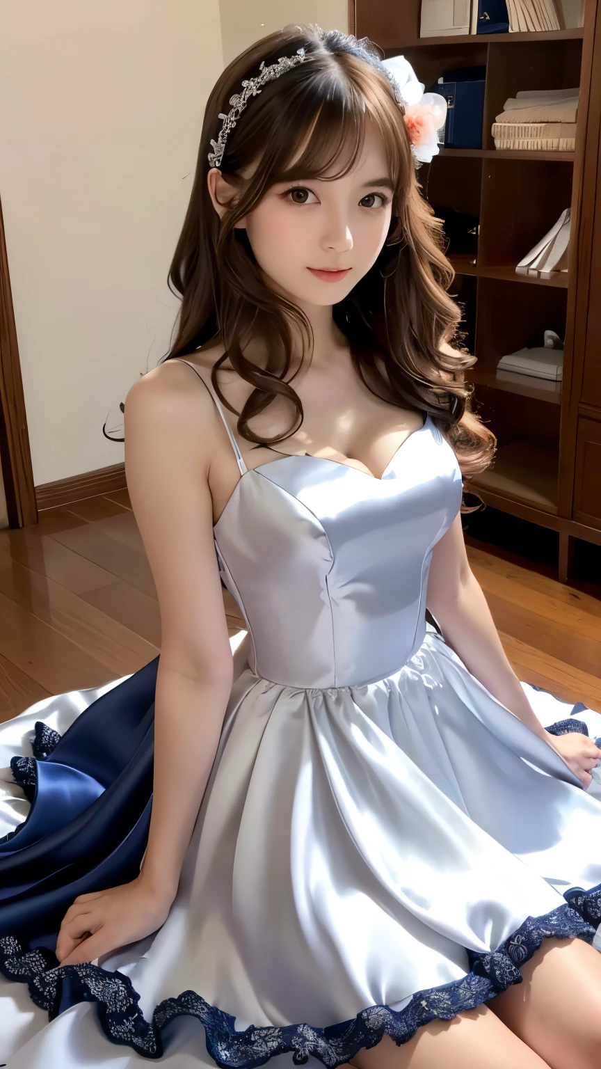 Photo-realistic quality、A 20-year-old Japanese female idol sitting on a chair wearing high heels, Elegant Dresses, Translucent grey dress, Romantic Dress, Royal elegant pose, Feminine girly dress, Cute and elegant pose, wearing an Elegant Dresses, brocade dress, Japan Fashion Model, Baroque Dress, Wearing a silver dress, Gorgeous Young Japanese Woman、looking at the camera、Detailed and beautiful eyes、Cute smile、Relaxed and gentle expression