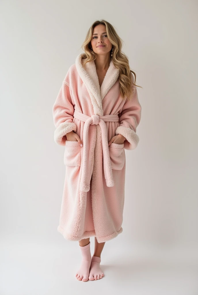 Girl, standing, light pink hair, high heels, fluffy bathrobe, full body