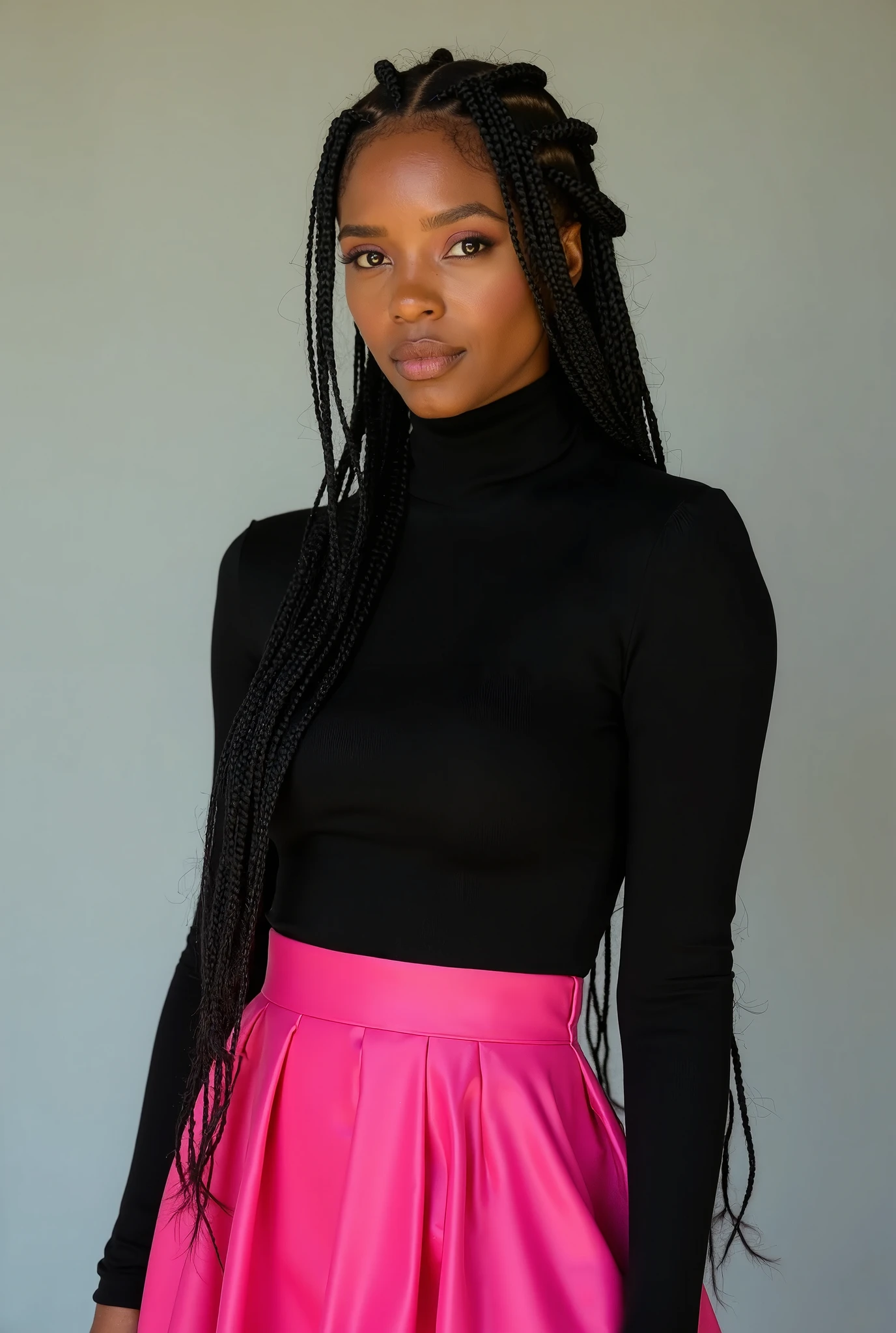 Black girl , straight hair , big eyes , brown eyes , thick body, sexy body ,cutout, gloves, Jacket, pink skirt, pink belt, short sleeves, puffy sleeves, simple bracelet, fingerless gloves