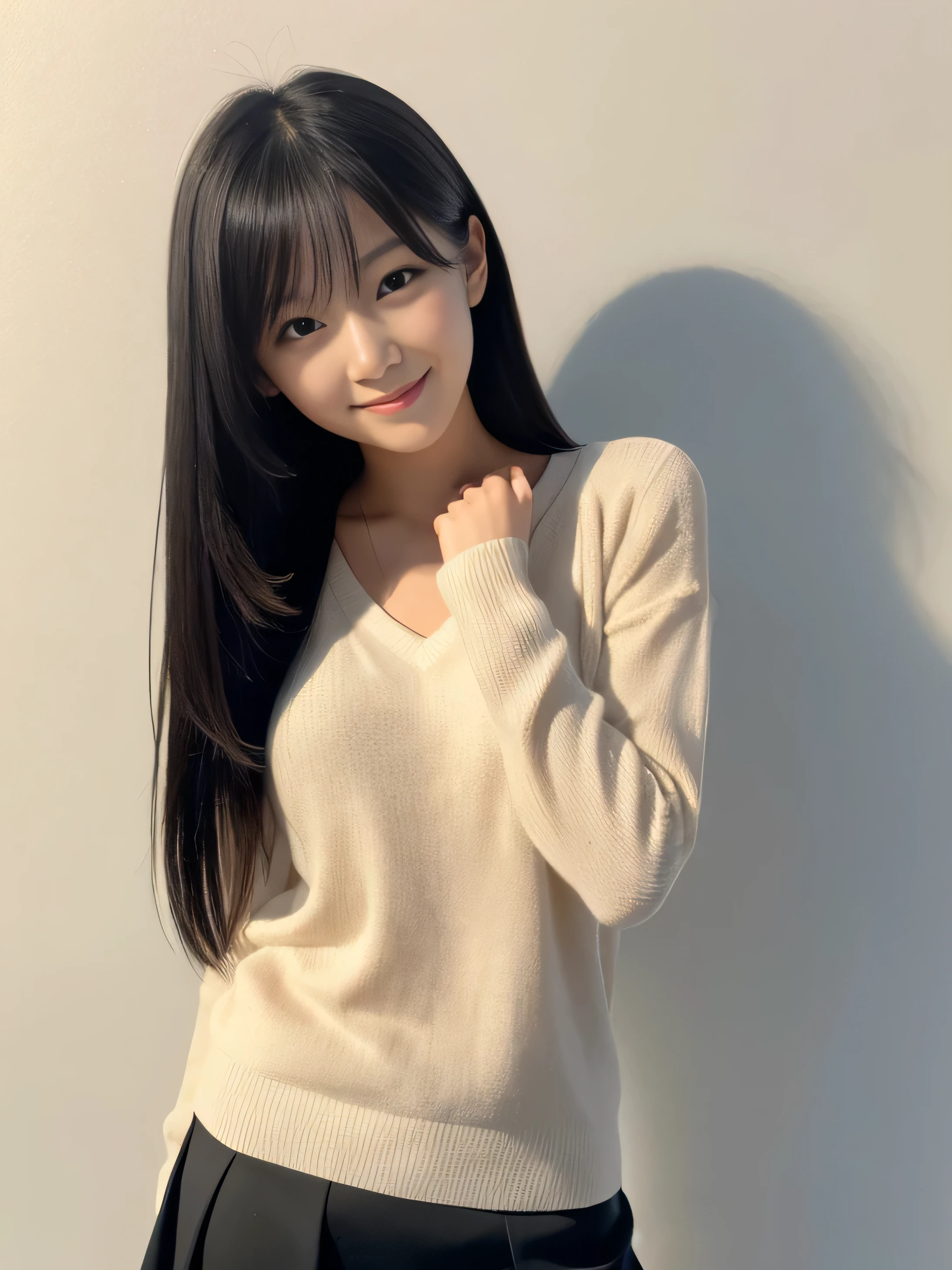 Japanese fictional characters、A college student who looks like a lim, about 140cm tall、Long black hair、Clean Smile、In the living room at home、Relaxed atmosphere、