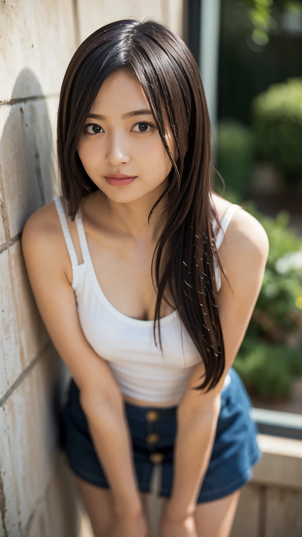 (( 1 girl)), woman, Masterpiece, top quality, top quality, cinematic lights, ( Stereo lighting ), extremely detailed CG unity 8k wallpaper, Concentrated, 8k wallpaper, extremely detailed, super real, photorealistic, sharp concentration, is ridiculous, ( high resolution:1.2), ( High Contrast ), photos, detailed and complicated, Instagram , portrait, very detailed from outside the window, Digital Painting , ART STATION, Concept Art, smooth, sharp concentration, illustration , cinematic lights, big breasts:1.3, ((( skinny, thin legs))), ( Japanese idol pose to close their legs), ( knit strap tank top, Micro Mini Skirt, open shoulder , open chest , Chest), is staring at viewers, ((Indian Pose)), ((Medium body shot , Hip Level Shots )), long hair, (( leaning against a wall)), beautiful eyes.