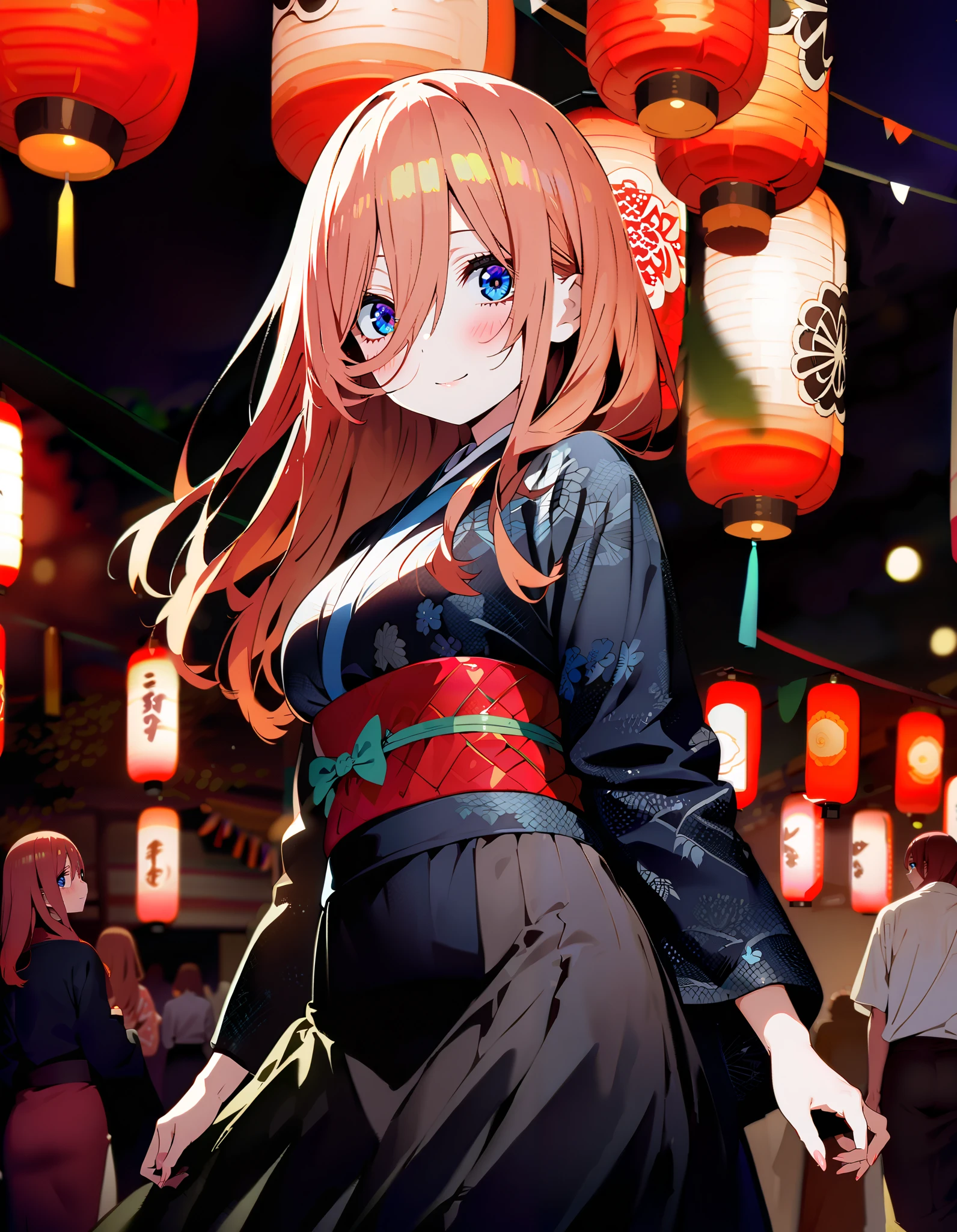 Nakano Future, Alone, long hair, bangs, blue eyes, brown hair, long hair, bangs, blue eyes, brown hair, hair between eyes ,smile,blush, legs ,Blue flower pattern kimono, side lock , long skirt ,日本のfestival,夏festivalの屋台, red lanterns, fireworks,The time is night, standing,whole bodyが illustration に入るように,
break outdoors, festival,
break looking at viewer, whole body、
break ( Masterpiece:1.2), top quality, high resolution, unity 8k wallpaper, ( illustration :0.8), ( beautiful detailed eyes:1.6), highly detailed faces at a pachinko parlor, perfect lighting, Highly Detailed CG, ( perfect hand, perfect anatomy ),