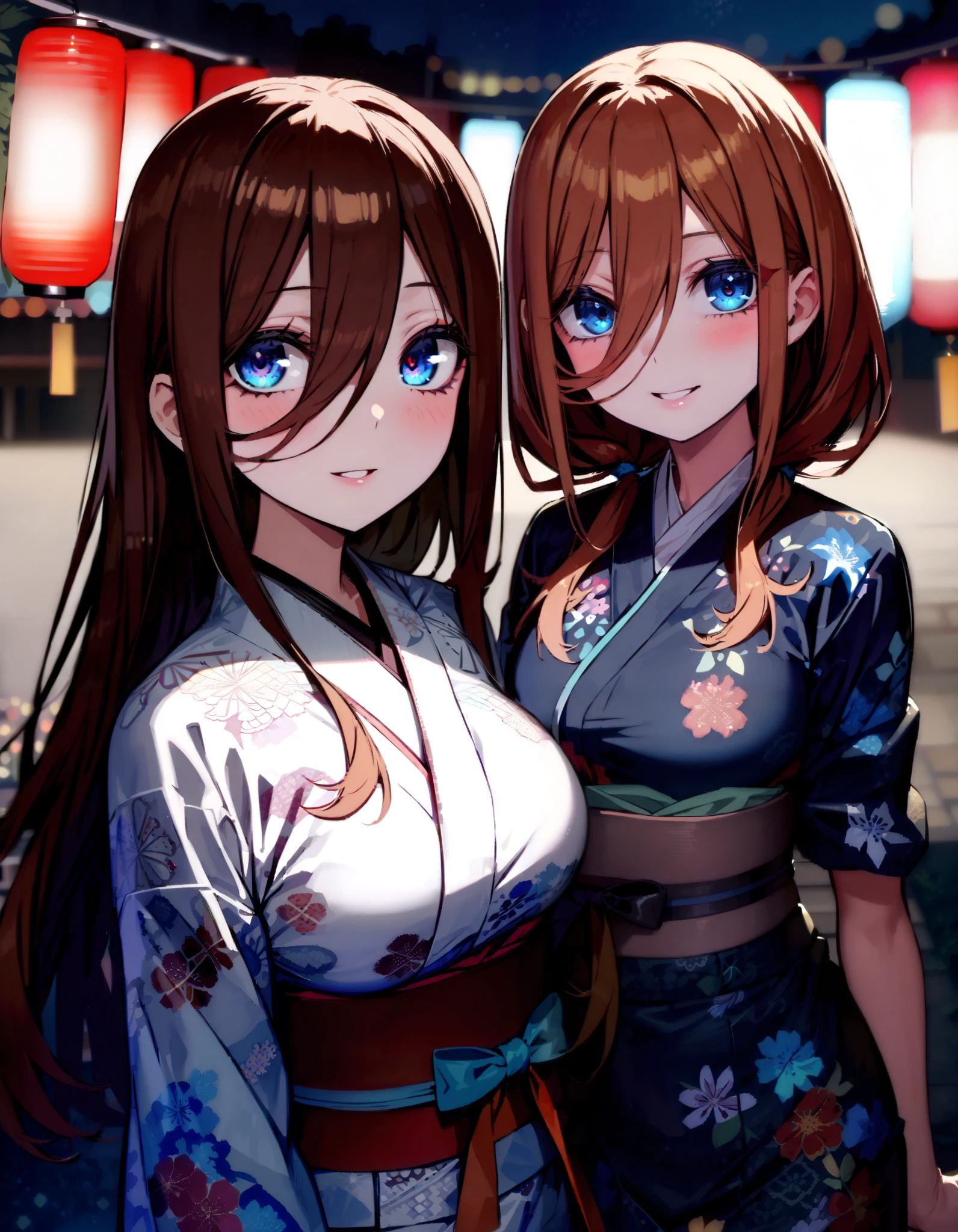 Nakano Future, Alone, long hair, bangs,  blue eyes,  brown hair,  long hair, bangs,  blue eyes,  brown hair,  hair between eyes ,smile,blush, legs ,Blue flower pattern kimono, side lock , long skirt ,日本のfestival,夏festivalの屋台, red lanterns,Fireworks in the night sky, fireworks,The time is night, standing,whole bodyが illustration に入るように,
break outdoors, festival,
break looking at viewer, whole body、
break ( Masterpiece:1.2),  top quality,  high resolution, unity 8k wallpaper, ( illustration :0.8), ( beautiful detailed eyes:1.6),  highly detailed faces at a pachinko parlor,  perfect lighting,  Highly Detailed CG, ( perfect hand,  perfect anatomy ),