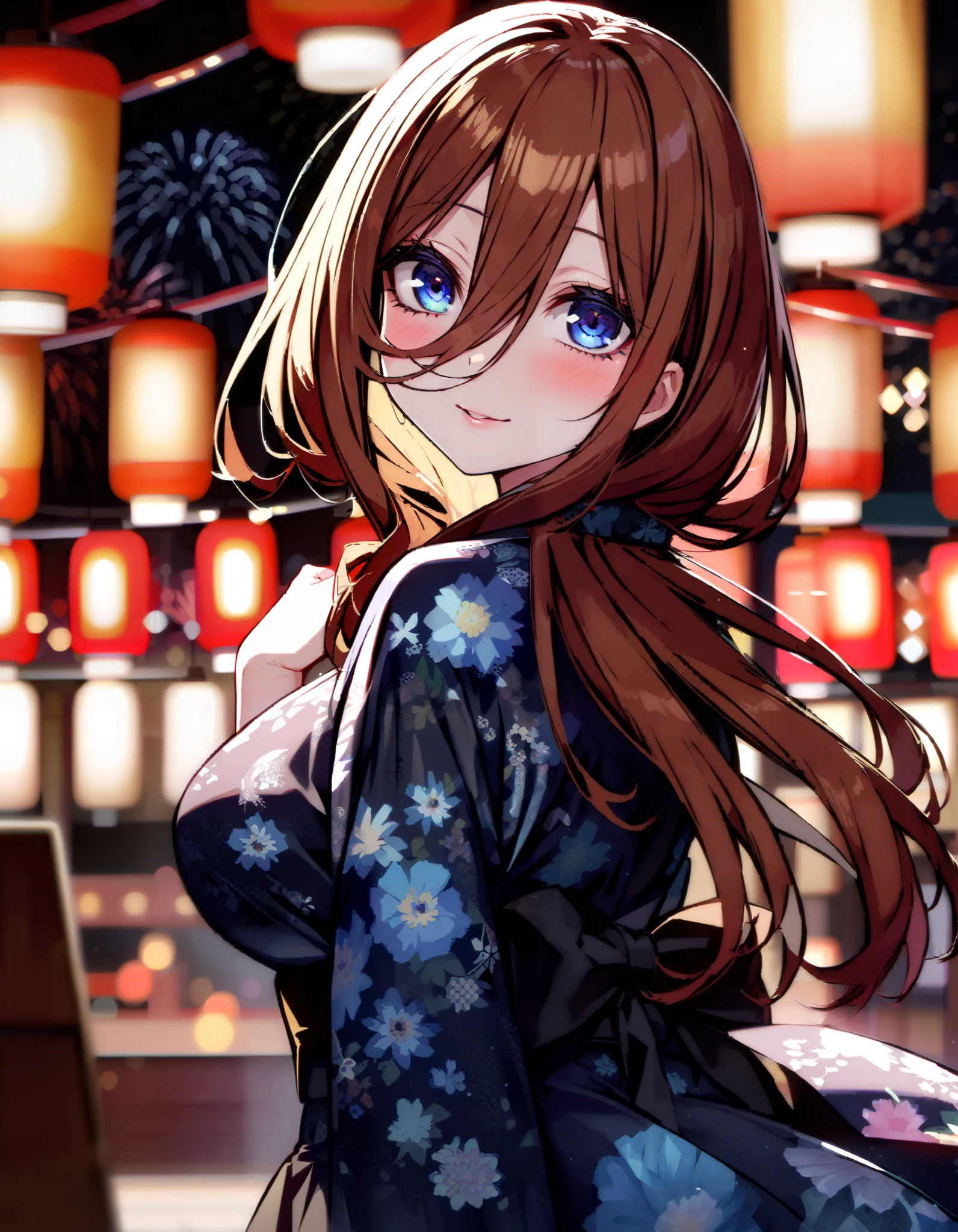 Nakano Future, Alone, long hair, bangs,  blue eyes,  brown hair,  long hair, bangs,  blue eyes,  brown hair,  hair between eyes ,smile,blush, legs ,Blue flower pattern kimono, side lock , long skirt ,日本のfestival,夏festivalの屋台, red lanterns,Fireworks in the night sky, fireworks,The time is night, standing,whole bodyが illustration に入るように,
break outdoors, festival,
break looking at viewer, whole body、
break ( Masterpiece:1.2),  top quality,  high resolution, unity 8k wallpaper, ( illustration :0.8), ( beautiful detailed eyes:1.6),  highly detailed faces at a pachinko parlor,  perfect lighting,  Highly Detailed CG, ( perfect hand,  perfect anatomy ),