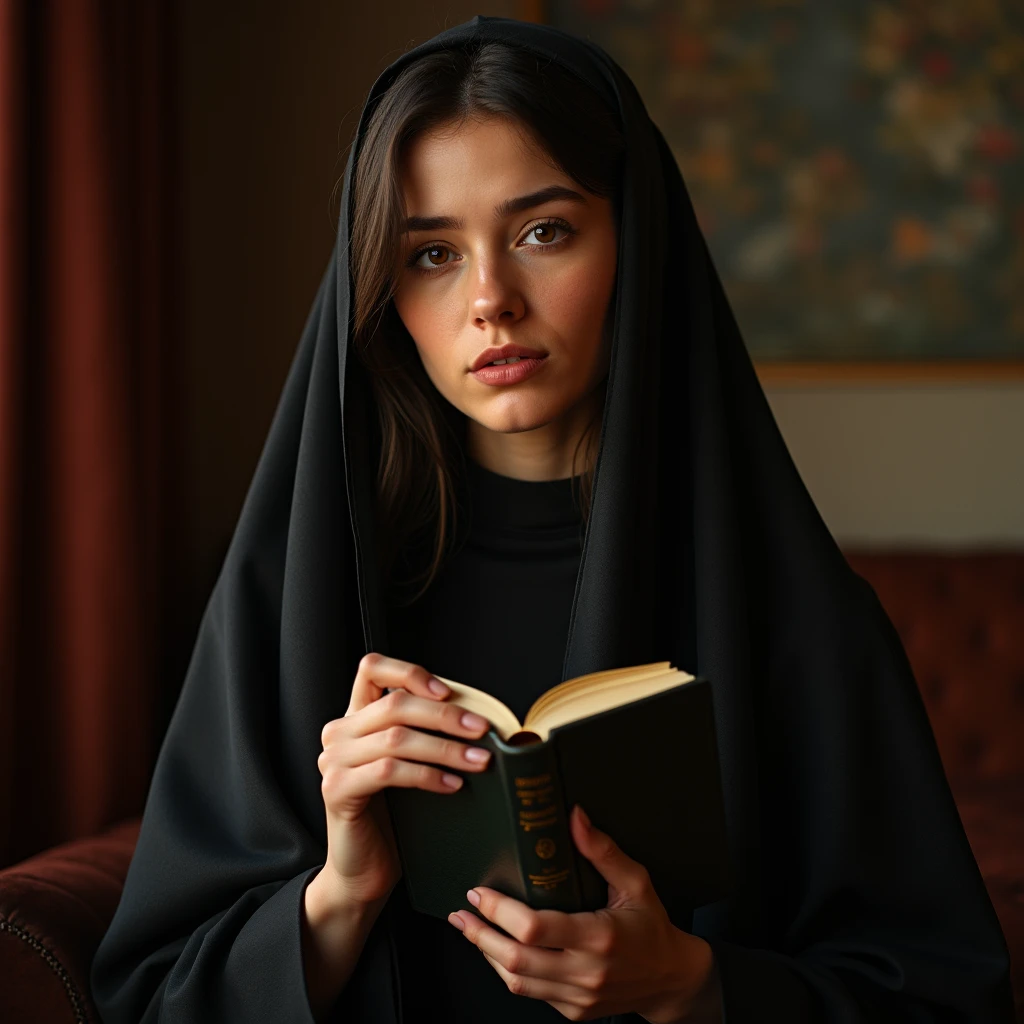 Topless girl in mosque praying Islamic book with other women's who are wearing borkha