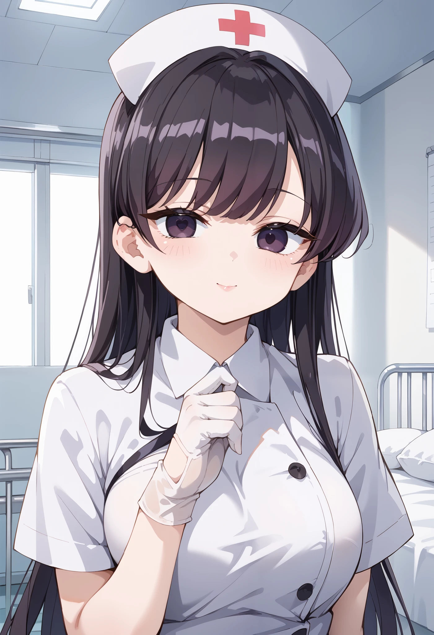 Score_9, score_8_up, score_7_up, source_anime, shouko komi, solo, long hair, bangs, black hair, black eyes, half-closed eyes, (best quality), (high quality), {masterpiece}, extremely delicate and beautiful, ultra-detailed, beautiful detailed eyes, nurse, nurse hat, ((white nurse's outfit)), white gloves, white legwear, zettai ryouiki, hospital room, no impression, closed mouth, standing