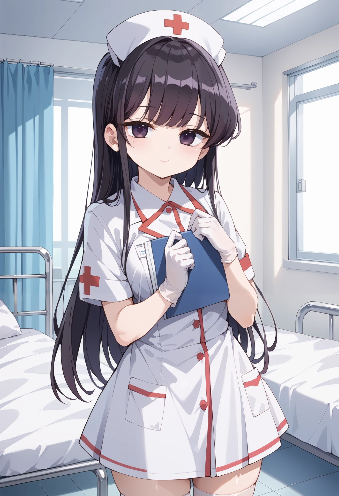Score_9, score_8_up, score_7_up, source_anime, shouko komi, solo, long hair, bangs, black hair, black eyes, half-closed eyes, (best quality), (high quality), {masterpiece}, extremely delicate and beautiful, ultra-detailed, beautiful detailed eyes, nurse, nurse hat, ((white nurse's outfit)), white gloves, white legwear, zettai ryouiki, hospital room, no impression, closed mouth, standing
