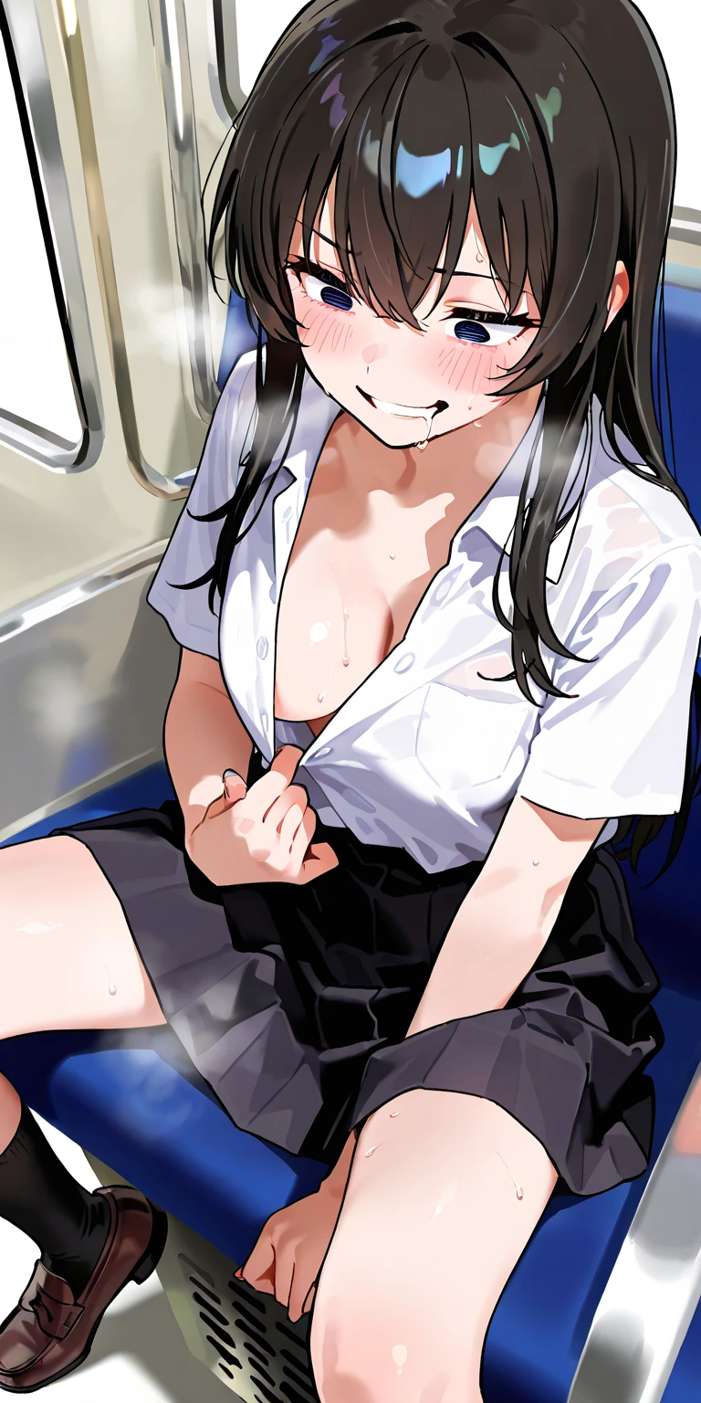 (8k, RAW Photos, highest quality, masterpiece:1.2),
1 girl,alone,Mature Woman,Black Hair,Brown eyes,Long Hair, chest, chestの谷間, Observe the audience,Quite embarrassing，(((school uniform)))，
,(((Put your hand in your panties))), (( Masturbating by touching the vagina with your fingers)), love juice spilling on the floor, liquid splashing from girl&#39;Between the legs，whole body，Browsing Caution，Nipples，

 