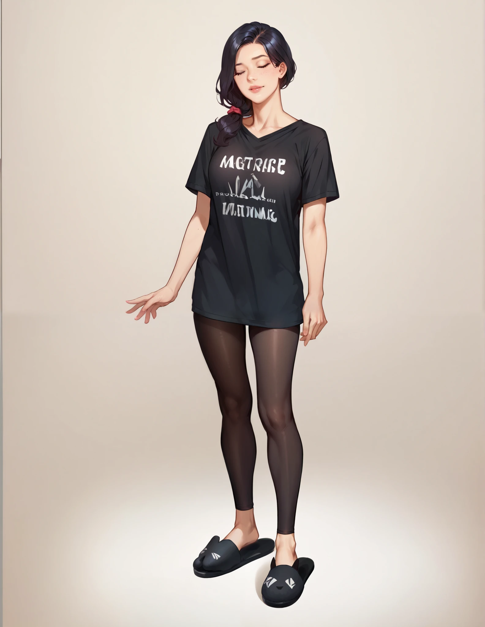 Score_9, score_8_up, score_7_up, Full body of 1girl , wearing black t-shirt, black leggings, black slippers, hyper dynamic scene, detailed face, perfect detailed hands, Masterpiece, High Resolution, Accurate, Anatomically Correct, Best Quality, Award Winning,