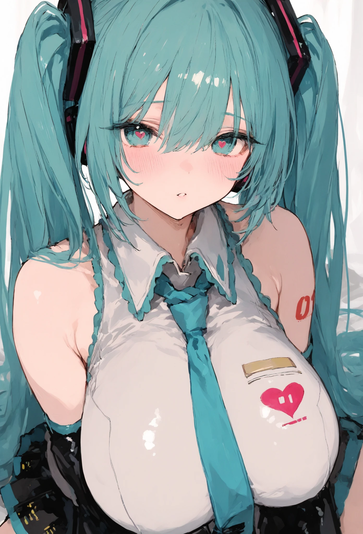 Score_9, score_8_up, score_7_up, solo,1girl, hatsune miku, half-closed eyes, drooling, twintails, cleavage, curvy, blush, colored eyes,elbow sleeve, necktie,skirt, sexually suggestive, cartoonized, graffiti, green theme, gradient background