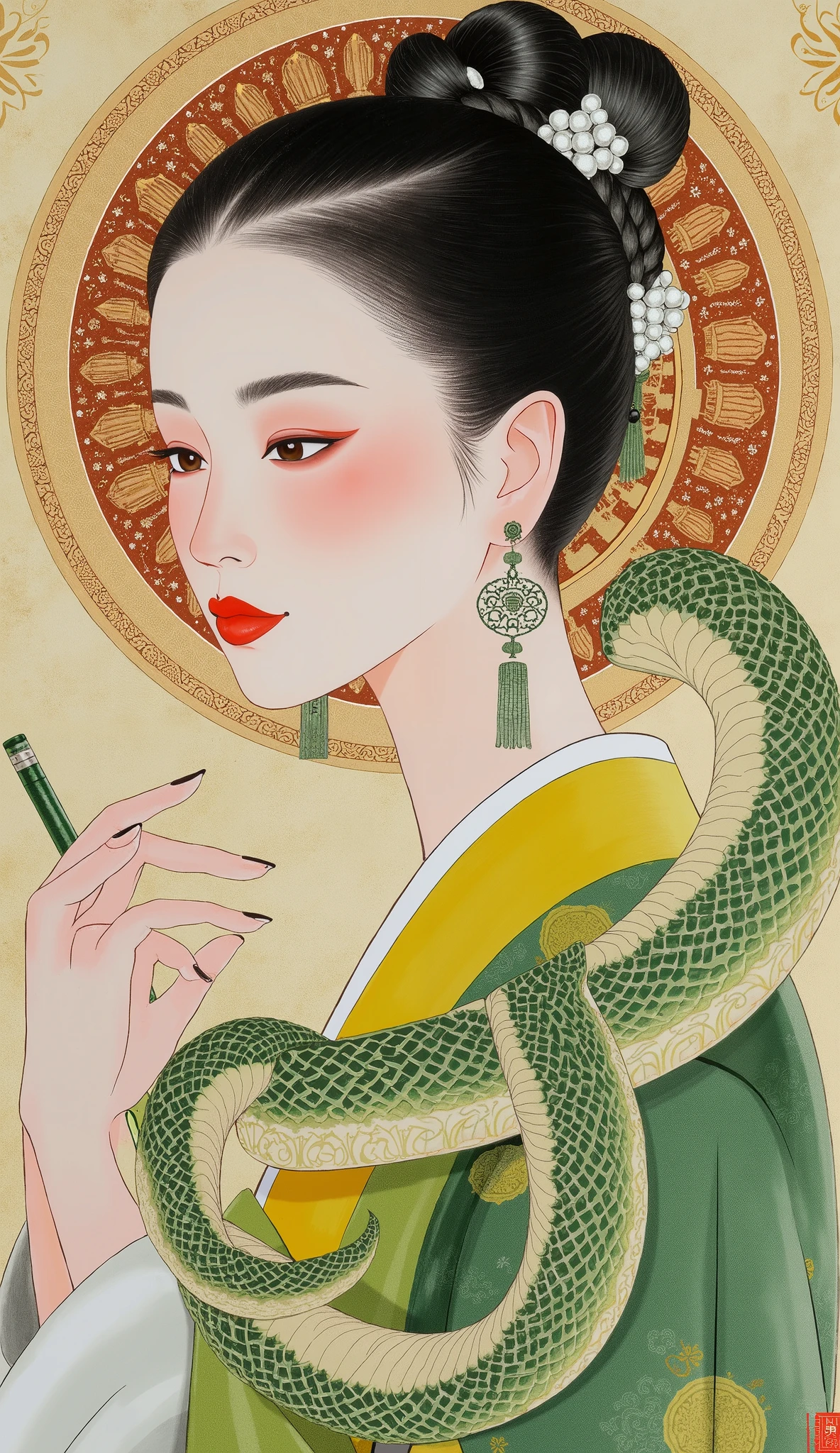 Ancient Chinese painting, portrait of an ancient woman with her hair in two braids, wearing pearl earrings, she has a snake body, snake comes to life, 2025 Year of the Snake, colored pencil drawing of a Tang Dynasty costume, detailed depiction of facial expressions and gestures, on a light brown, lime green and gold background, in the style of Emperor Huizong of the Song Dynasty, with a detailed brushwork,...
