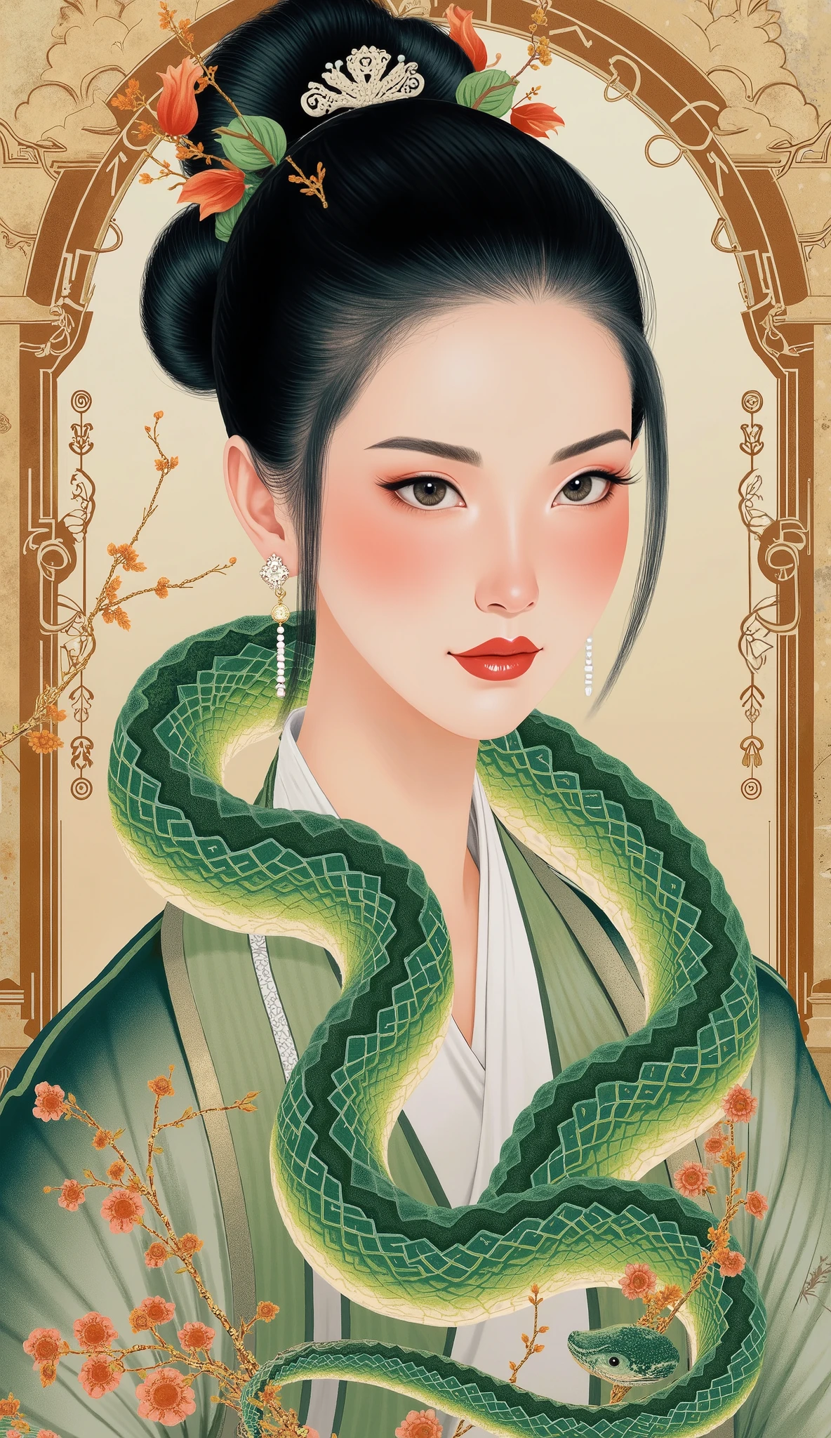 Ancient Chinese painting, portrait of an ancient woman with her hair in two braids, wearing pearl earrings, she has a snake body, snake comes to life, 2025 Year of the Snake, colored pencil drawing of a Tang Dynasty costume, detailed depiction of facial expressions and gestures, on a light brown, lime green and gold background, in the style of Emperor Huizong of the Song Dynasty, with a detailed brushwork,...
