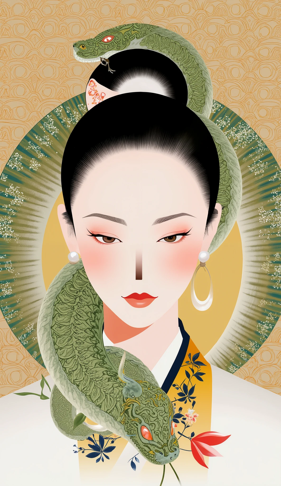 Ancient Chinese painting, portrait of an ancient woman with her hair in two braids, wearing pearl earrings, she has a snake body, snake comes to life, 2025 Year of the Snake, colored pencil drawing of a Tang Dynasty costume, detailed depiction of facial expressions and gestures, on a light brown, lime green and gold background, in the style of Emperor Huizong of the Song Dynasty, with a detailed brushwork,...