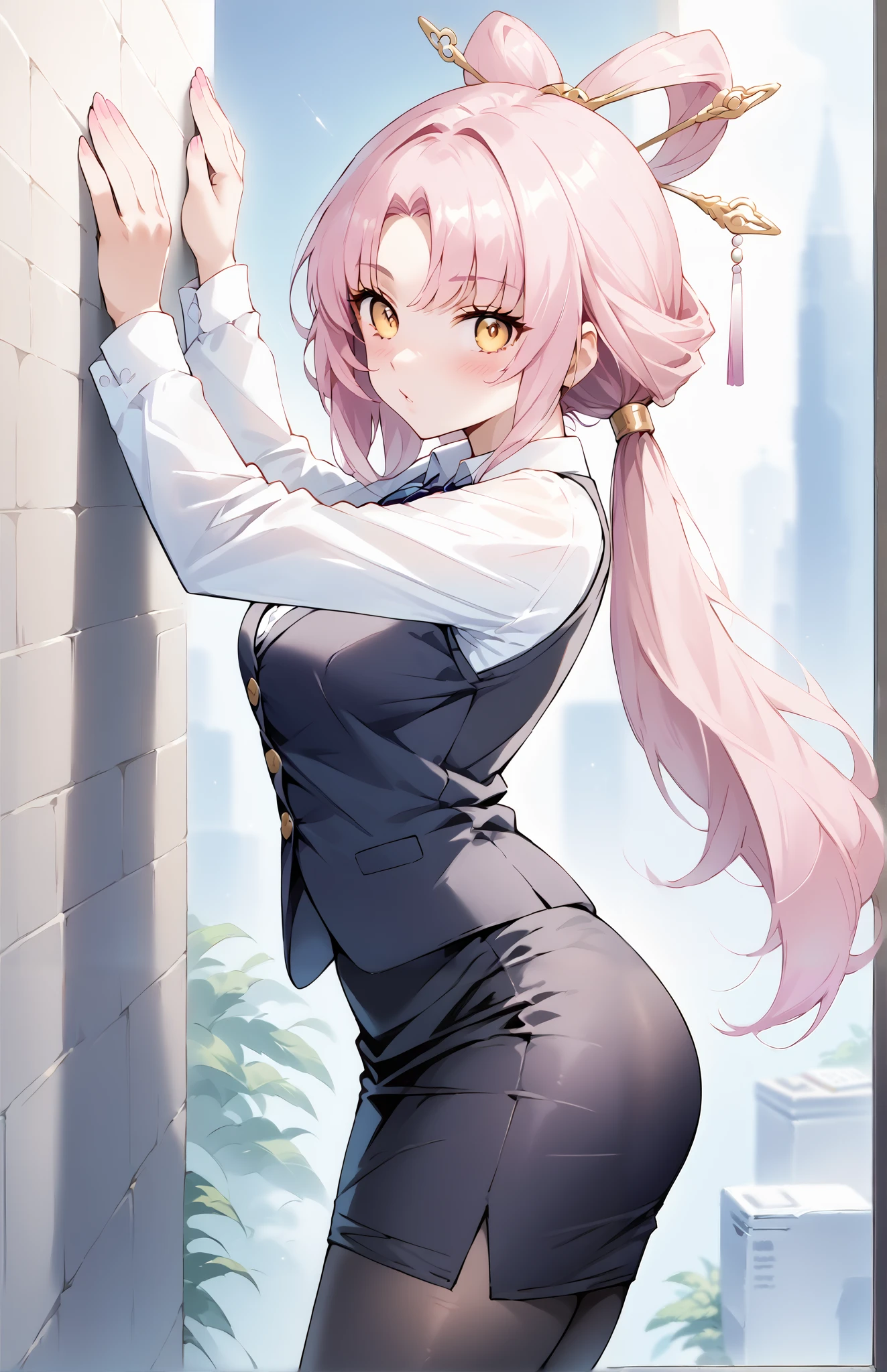 score_9, score_8_up, score_7_up, source_anime, 4K,perfect fingers,(perfect hands, perfect anatomy),prefect lighting, very aesthetic, intricate details,highly detailed background, masterpiece, high quality, best quality,
1girl,solo,fu xuan, pink hair, yellow eyes, bare shoulders, parted bangs, twin tails, bow-shaped hair, low twintails,Large Breast,
wearing ((office lady,vest over a long-sleeved white collared shirt,Vest with buttons, black Vest thight,tight black pencil skirt,Black Pantyhose,)),
looking at viewer, ((against wall:2.0)), blush,  leaning forward, ((Arms on Wall:1.5)),from side,