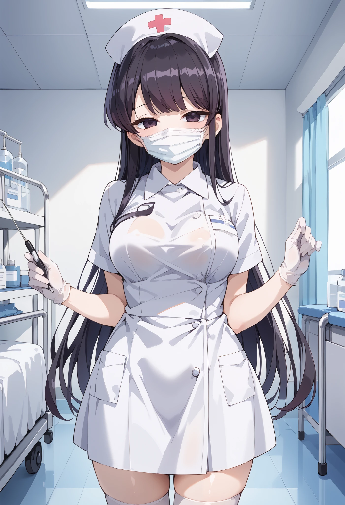 Score_9, score_8_up, score_7_up, source_anime, shouko komi, solo, long hair, bangs, black hair, black eyes, half-closed eyes, (best quality), (high quality), {masterpiece}, extremely delicate and beautiful, ultra-detailed, beautiful detailed eyes, nurse, nurse hat, ((white nurse's outfit)), white gloves, white legwear, zettai ryouiki, hospital room, ((white surgical mask, covered nose)), standing