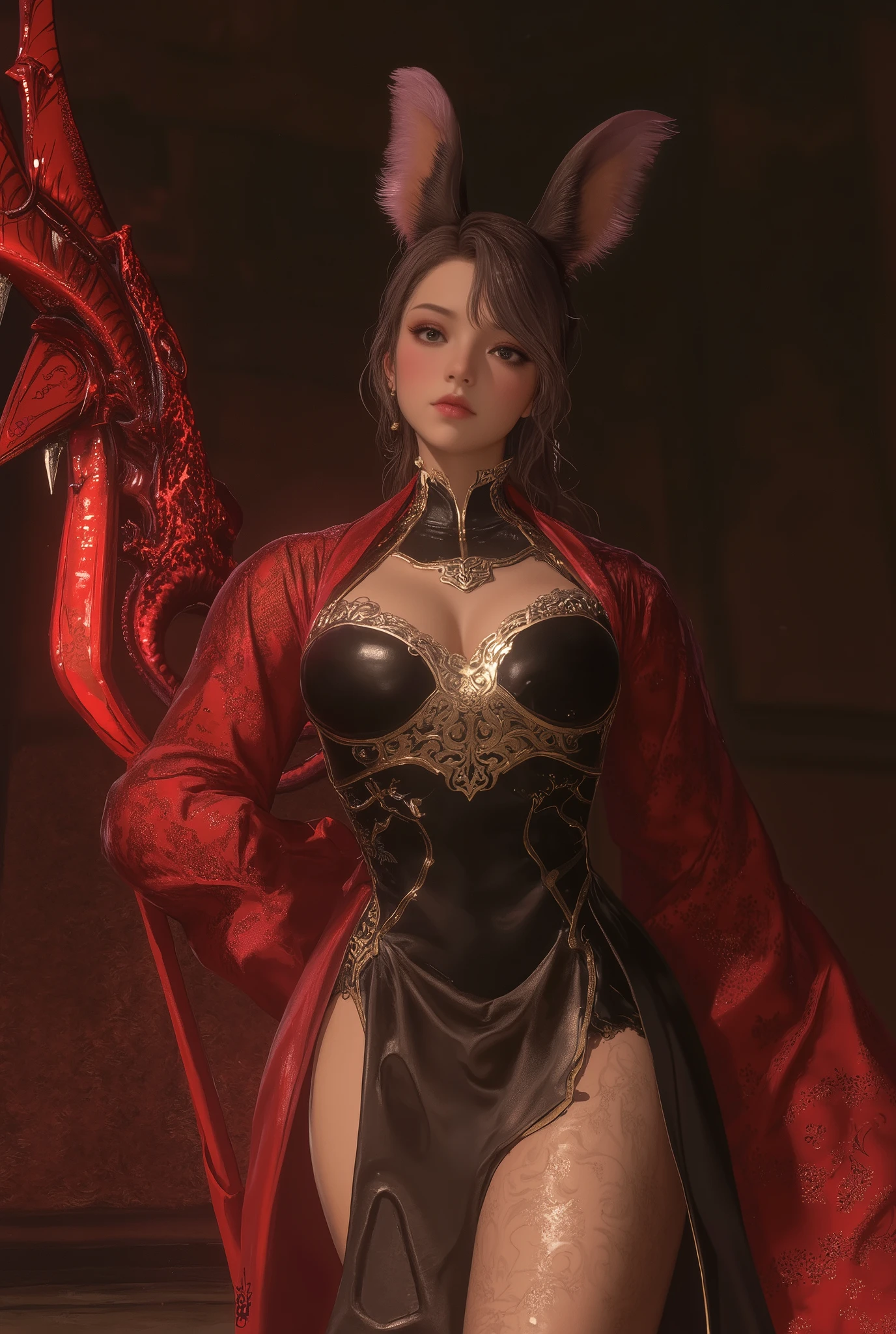 (((( Masterpiece)))), (((( top quality)))), high resolution,fine grain, detailed face, ,viera, see-through china dress that's licking a vibrator,, action, Big Breasts