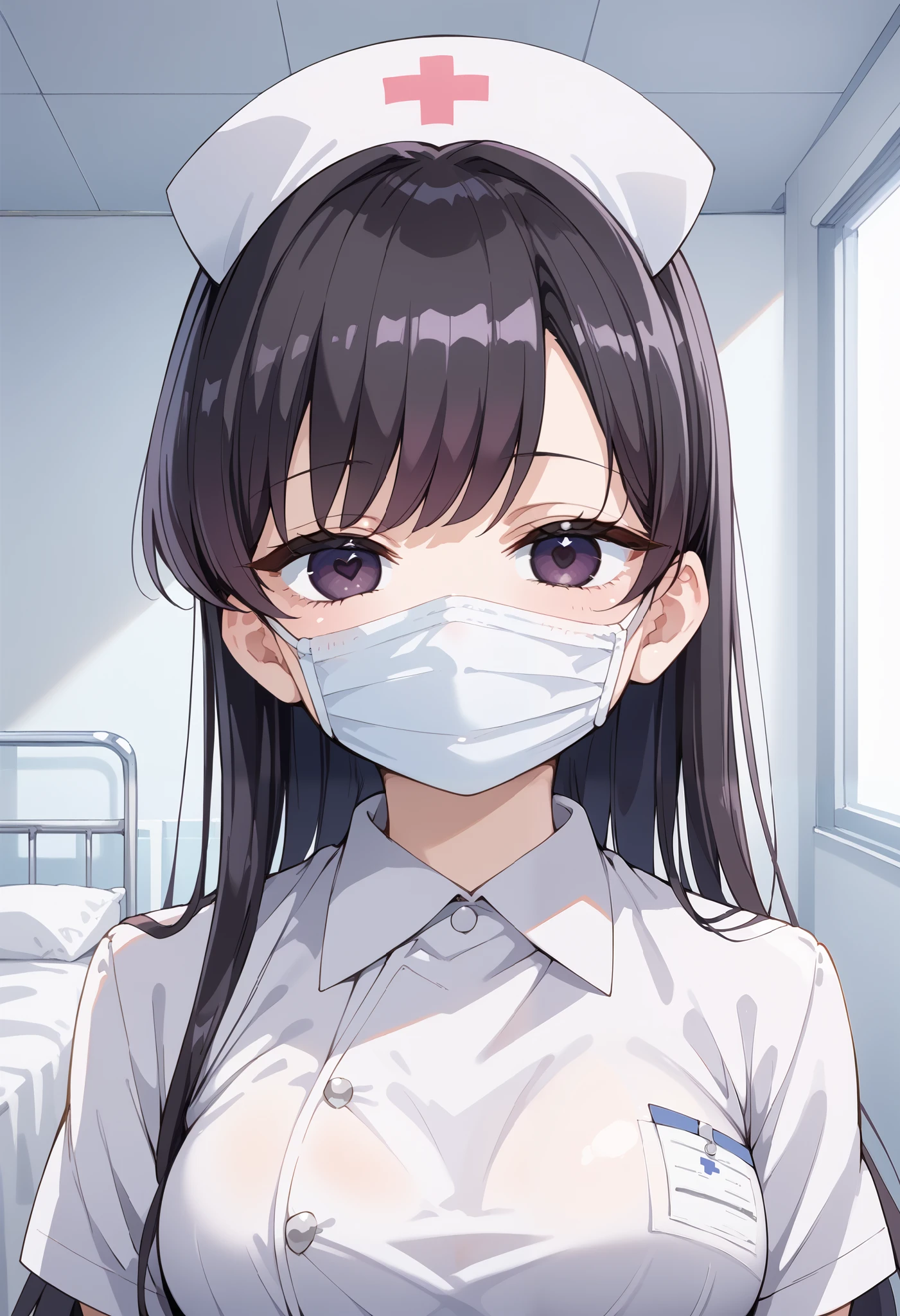 Score_9, score_8_up, score_7_up, source_anime, shouko komi, solo, long hair, bangs, black hair, black eyes, half-closed eyes, (best quality), (high quality), {masterpiece}, extremely delicate and beautiful, ultra-detailed, beautiful detailed eyes, nurse, nurse hat, ((white nurse's outfit)), white gloves, white legwear, zettai ryouiki, hospital room, ((white surgical mask, covered nose)), standing