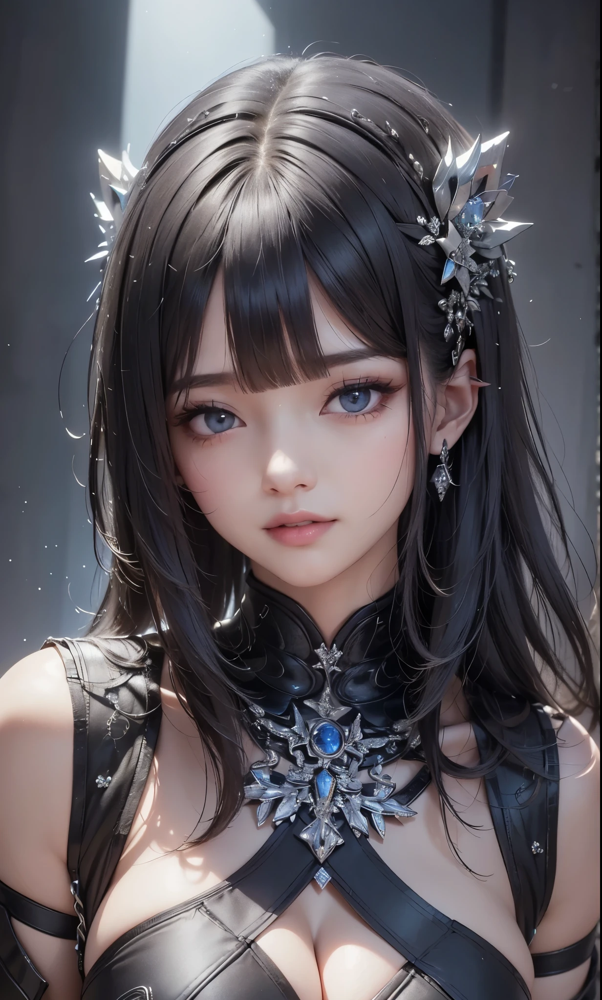 masterpiece, best quality, ultra-detailed, facing the camera head on, intricately detailed hyperdetailed, realistic, sharp features, highly detailed, sharp focus, perfect face, perfect face, perfect symmetrically perfect eyes, perfect full lips, flexible female form, cinematic, film light, hyper detailed, hyper realistic, masterpiece, atmospheric, high resolution, vibrant, dynamic studio lighting, ((Dark background)), Facial expressions when receiving pleasure, straight Bangs, Blue glay Eyes, intricate ornaments, black and white Cyberpunk futuristic style, active posing