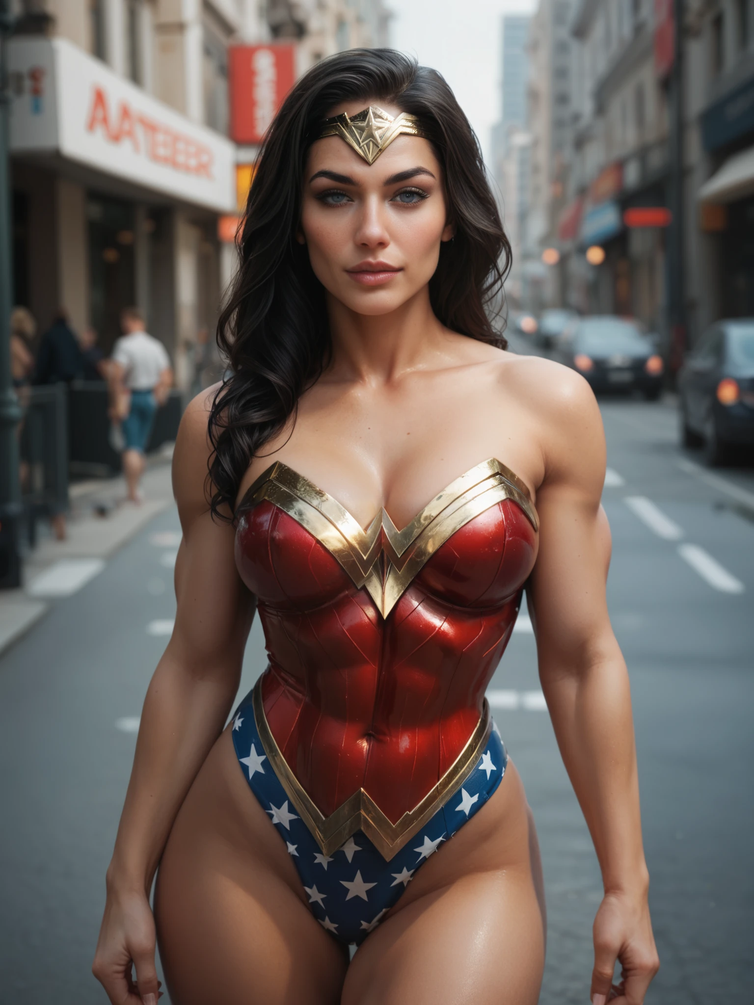 Best quality, masterpiece, ultra high res, (photorealistic:1.4), raw photo, 1girl, (Victoria's Secret Model Wonder Woman), Single, Full Body, (((intricate details, makeup), (delicate and beautiful delicate face, delicate and beautiful delicate eyes, face with perfect proportions), skin with high details, delicate skin, best proportions Four fingers and one thumb, strong and realistic blue eyes, realistic black hair, lips, makeup, natural skin texture, tiara, leotard, bulletproof cuffs,  Red boots, (public clothing:1.3), slightly sunburned skin tone, mature, sexy, toned muscles, (muscles: 1.3), ((strong and healthy body)), ((((more muscles))), long legs, curves, thick thighs, wide buttocks, thin legs, thin waist, smooth waist, (delicate skin), (glossy skin), (beautiful and sexy woman), (swollen lips: 0.9), (eyelashes: 1.2), very delicate muscle definition, (camel toes: 1.0), (beautiful sexy woman),  dramatic lighting, urban background, determined face, {{depth of field}},