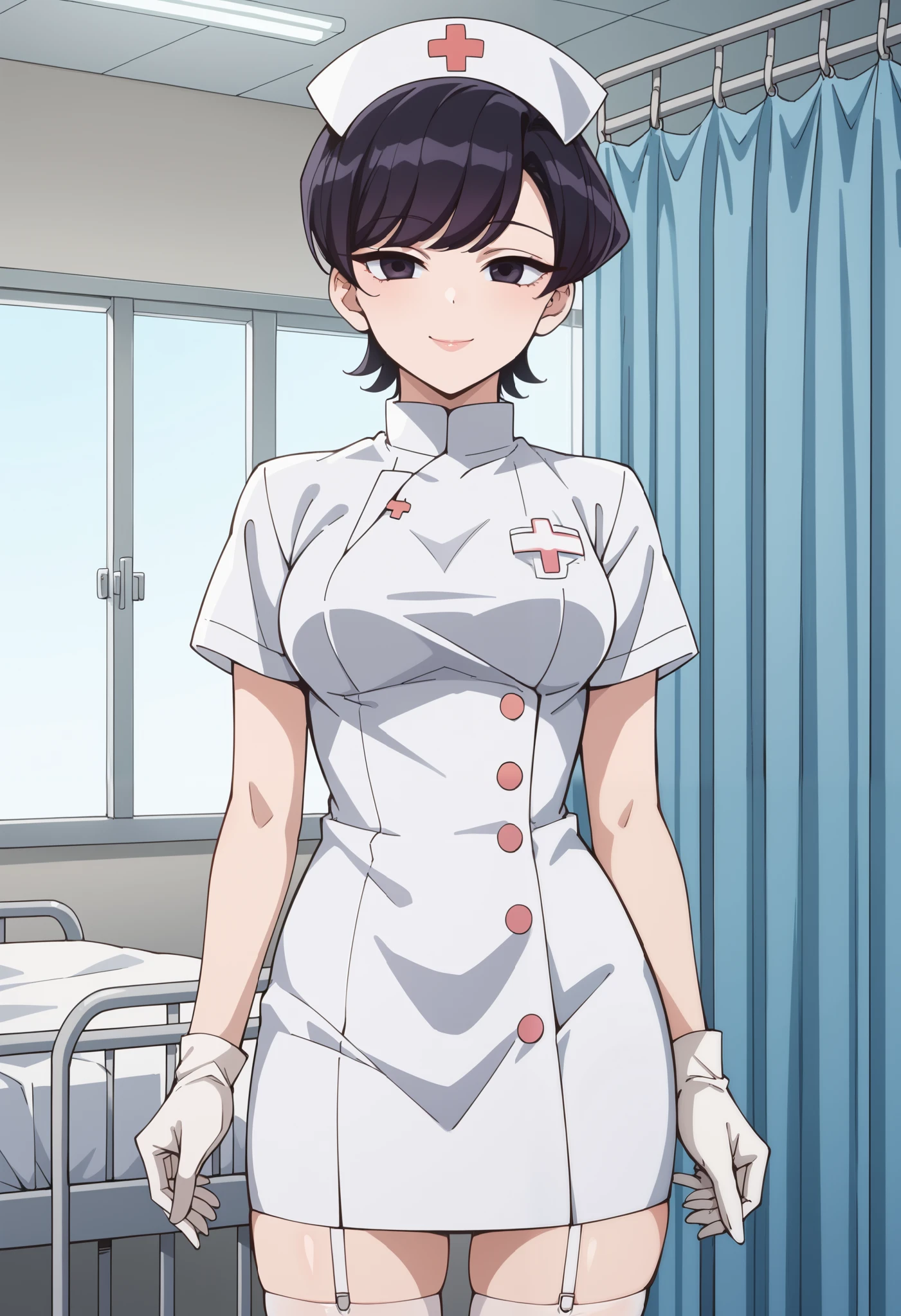 Score_9, score_8_up, score_7_up, source_anime, shuuko komi, solo, short hair, black hair, black eyes, half-closed eyes, (best quality), (high quality), {masterpiece}, extremely delicate and beautiful, ultra-detailed, beautiful detailed eyes, nurse, nurse hat, ((white nurse's outfit)), white gloves, white legwear, zettai ryouiki, hospital room, smile, closed mouth, standing