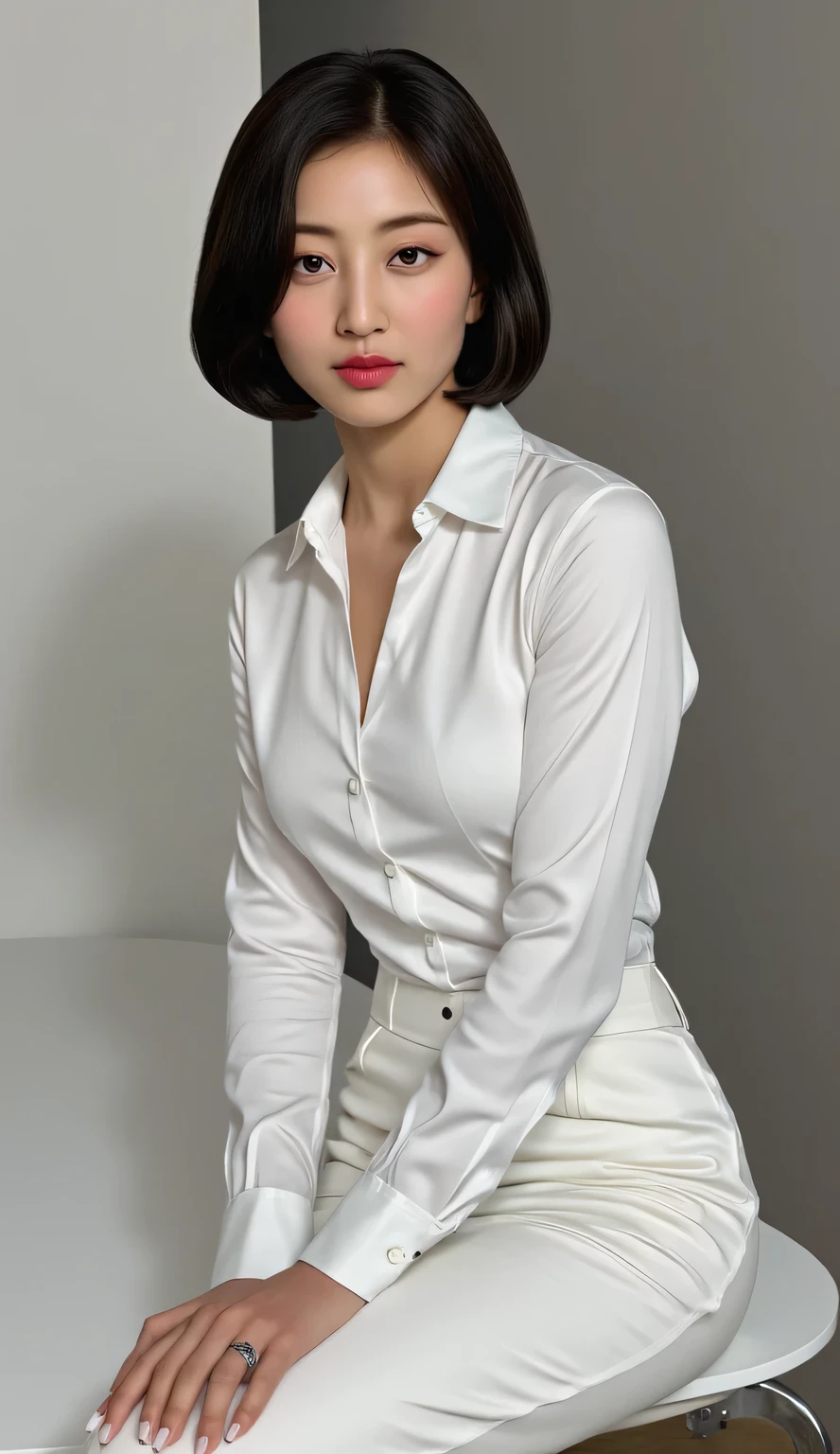 A woman,  sit at the table,   body and front facing legs,  using a tight shirt of satin material of white color,  use long tight formal pants of white color,   red lips