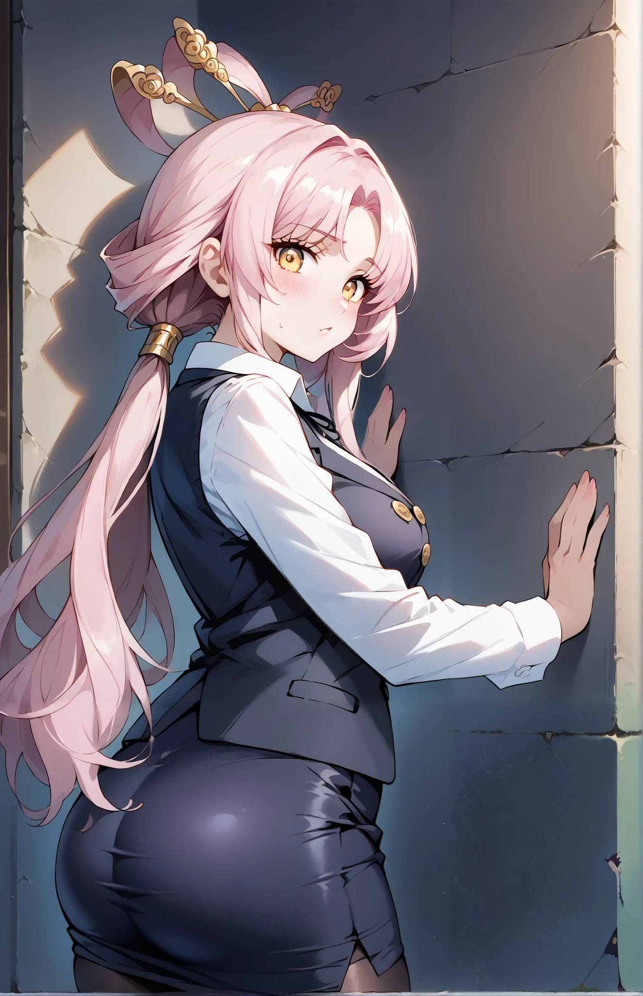 score_9, score_8_up, score_7_up, source_anime, 4K,perfect fingers,(perfect hands, perfect anatomy),prefect lighting, very aesthetic, intricate details,highly detailed background, masterpiece, high quality, best quality,
1girl,solo,fu xuan, pink hair, yellow eyes, bare shoulders, parted bangs, twin tails, bow-shaped hair, low twintails,Large Breast,
wearing ((office lady,vest over a long-sleeved white collared shirt,Vest with buttons, black Vest thight,tight black pencil skirt,Black Pantyhose,)),
looking at viewer, ((against wall:2.0)), blush,  leaning forward, ((Arms on Wall:1.5)),from side, butt on massage, 