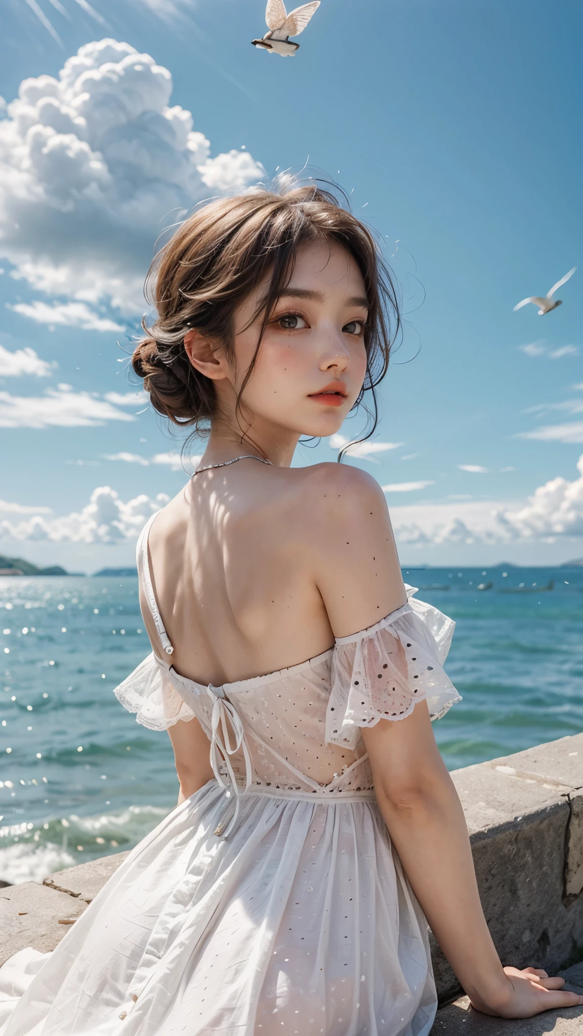 1 Girl, masterpiece, Extremely detailed, (Beautiful and delicate light), lens flare, white hair, short hair, Flowing hair, look back, Back, Smile, blue eyes, White Dress, Medium breasts, Upper Body, Wide-angle lens, straw hat, ((Uyuni Salt Flats)), sunrise, cloud, Backlight, Purple Sky, Sky, Gradient sky, Place your hands on your hat