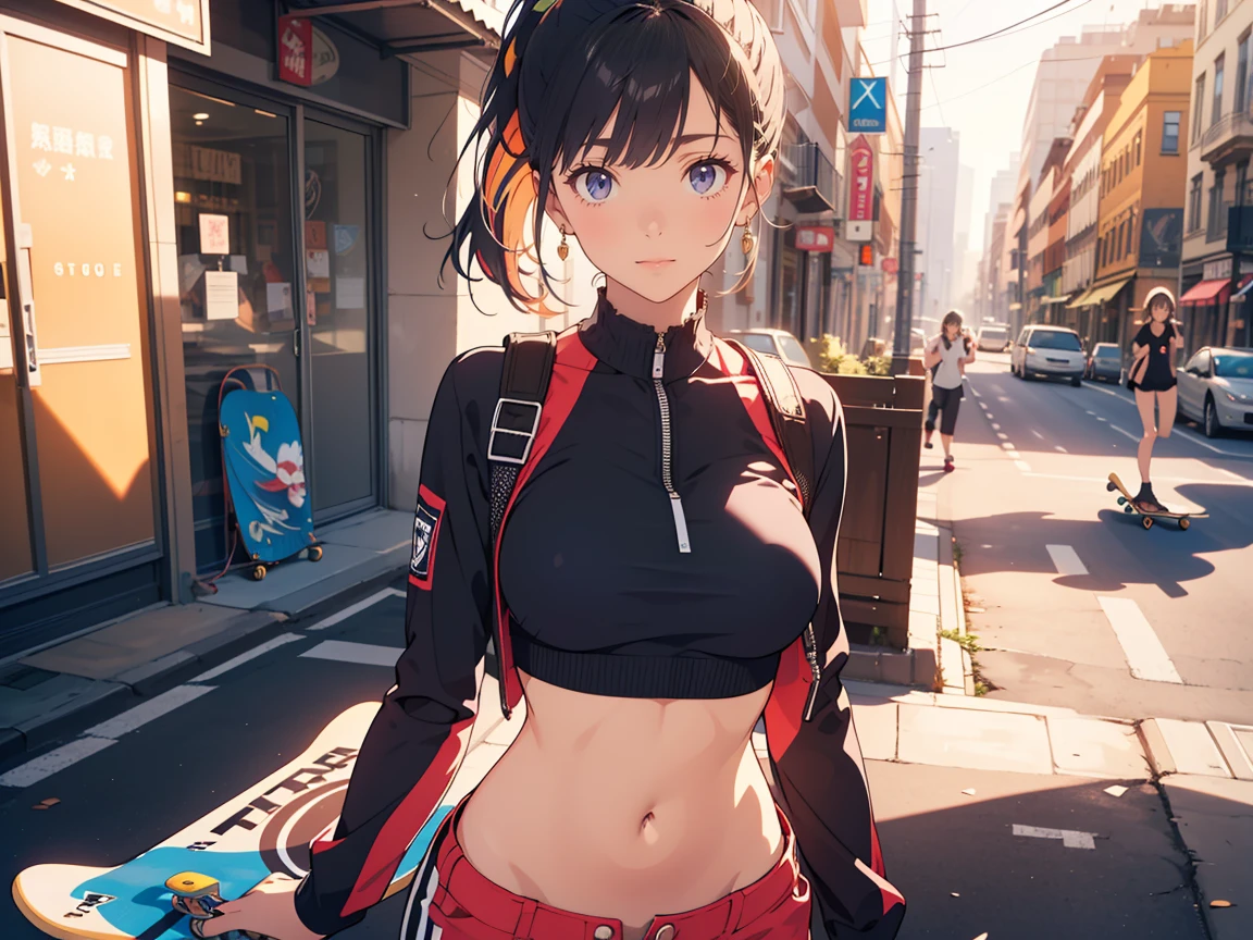 Woman, Sporty chic, leggings, stylish sneakers, crop top, ponytail, athletic build, vibrant colors, confident posture, energetic vibe, gradient hair, heterochromia, seductive smile, licking lips, backlighting, Conceptual art, cinematic lighting, afterimage, cowboy shot, bokeh, Canon, masterpiece, super detail, high quality